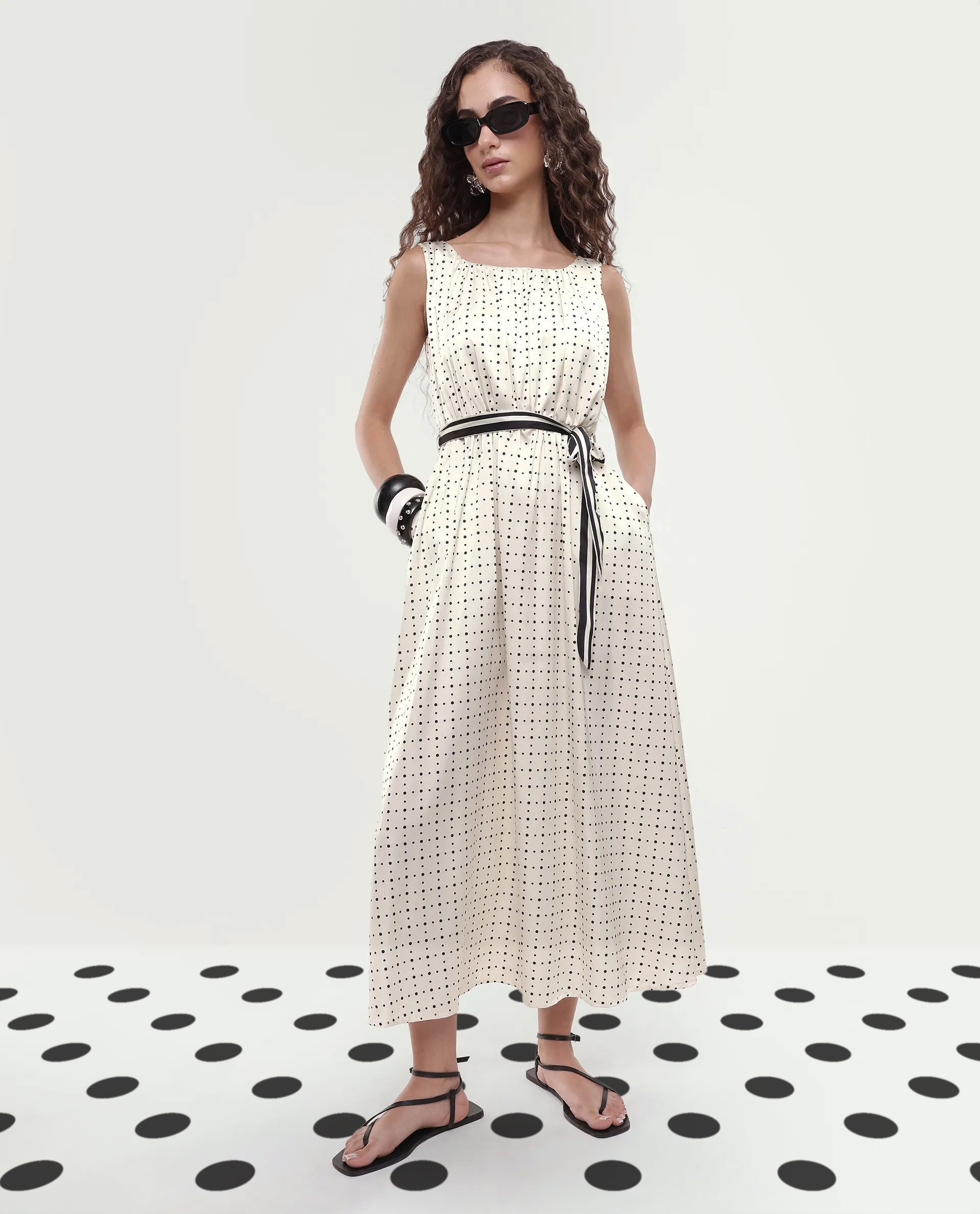 Rareism Women's Narcissa Beige Polyester Boat Neck Polka Print Sleeveless Knee Length Regular Fit Dress