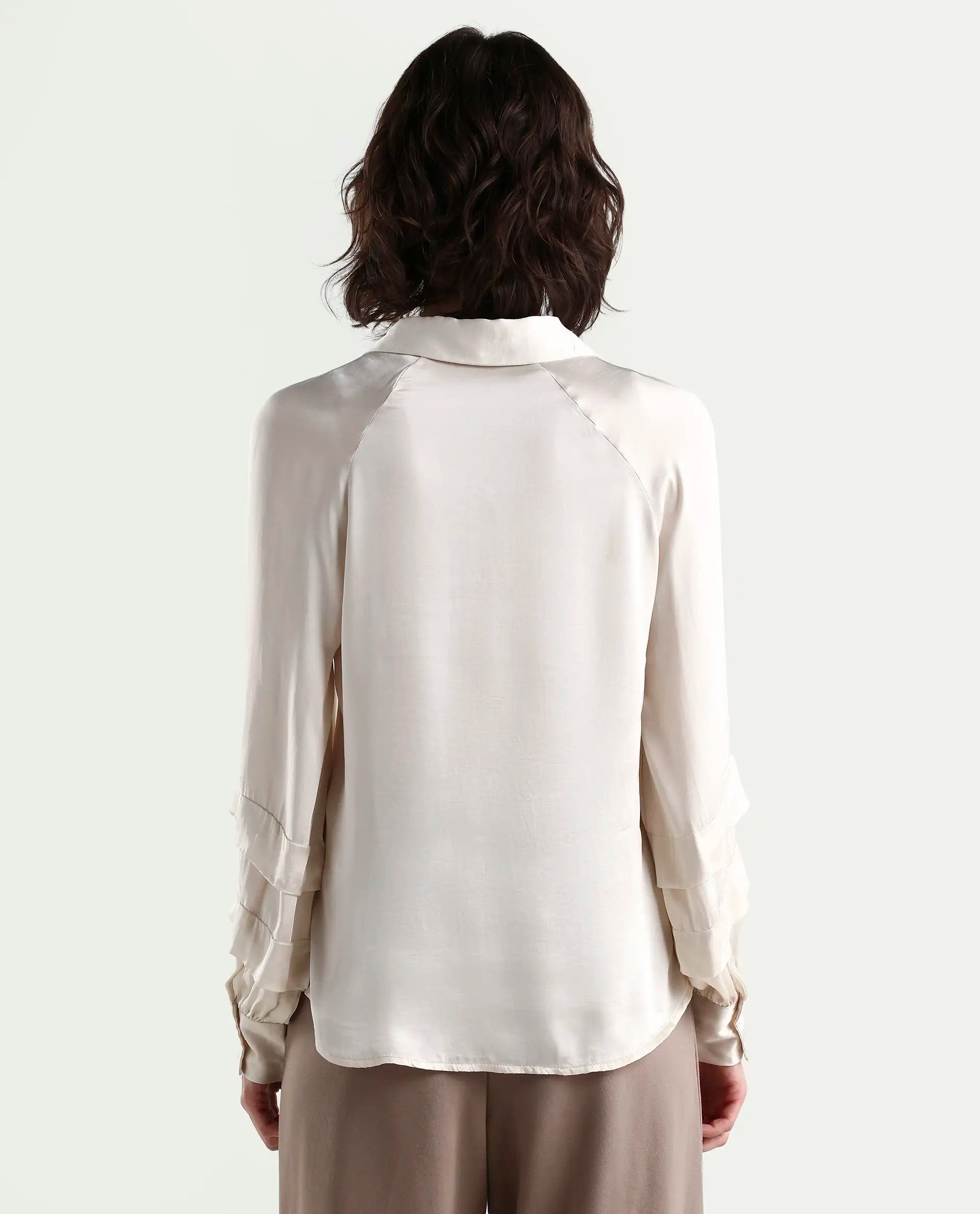 Rareism Women's Renee Beige Viscose Spread Collar Plain Bishop Sleeve Relaxed Fit Top