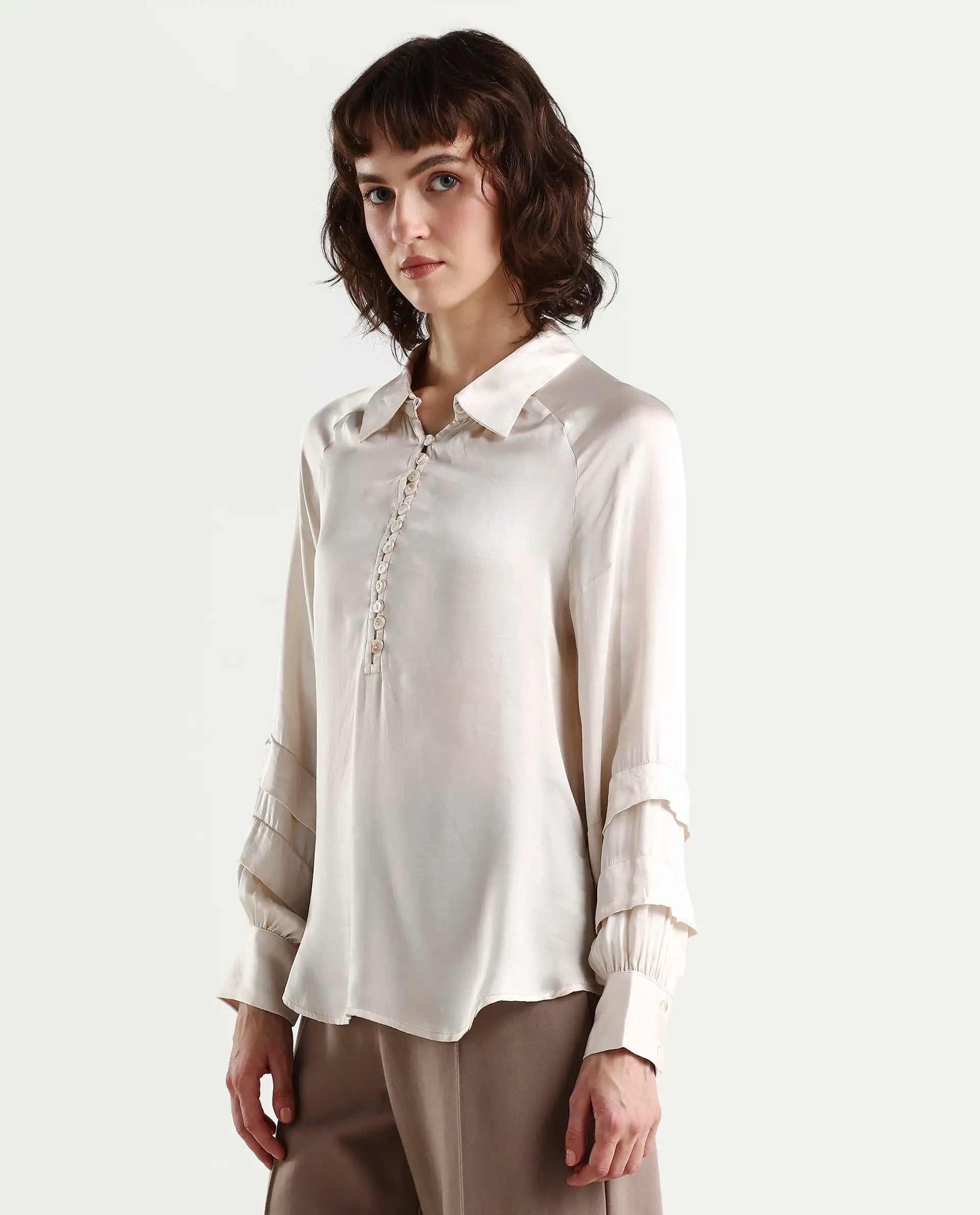 Rareism Women's Renee Beige Viscose Spread Collar Plain Bishop Sleeve Relaxed Fit Top