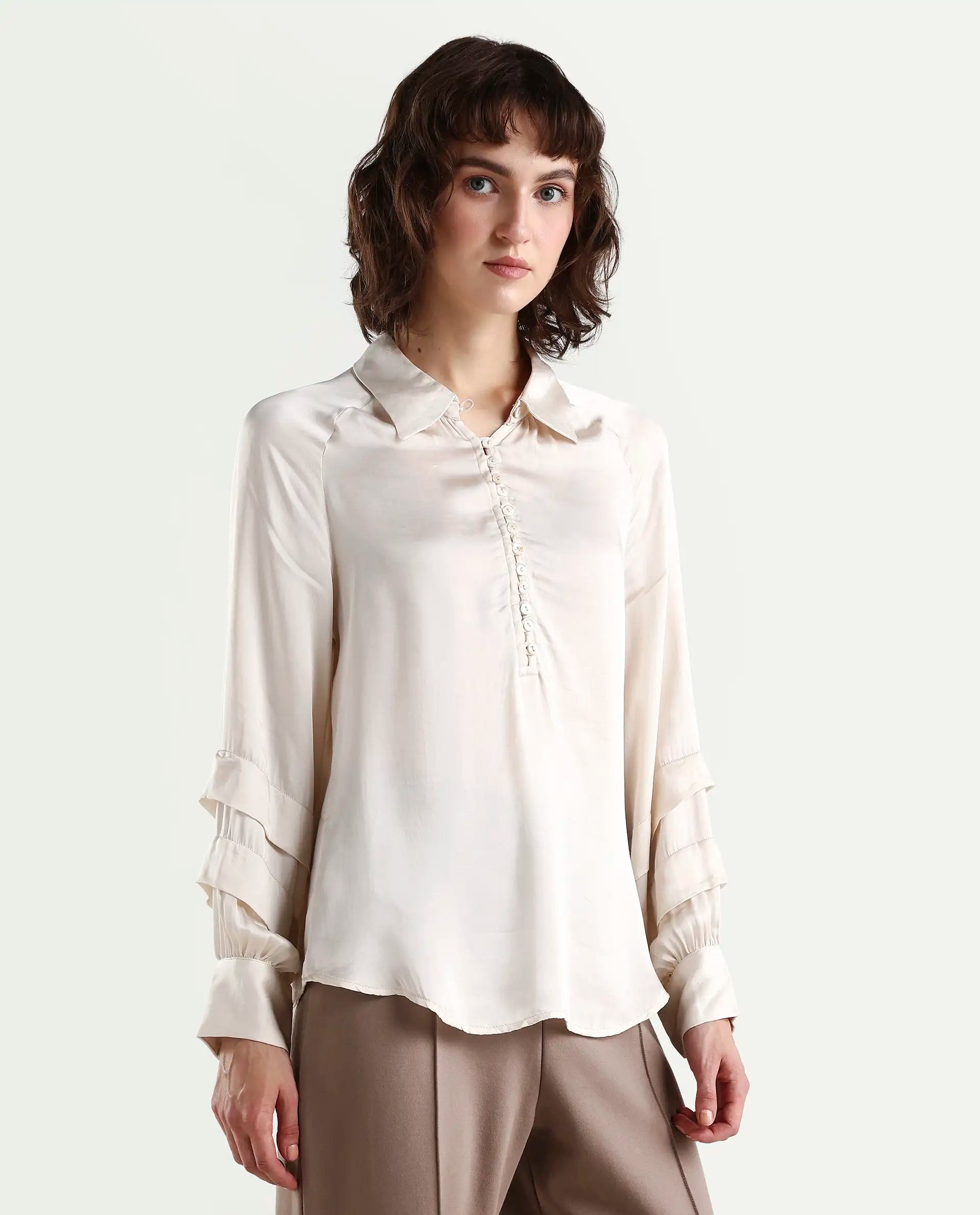 Rareism Women's Renee Beige Viscose Spread Collar Plain Bishop Sleeve Relaxed Fit Top