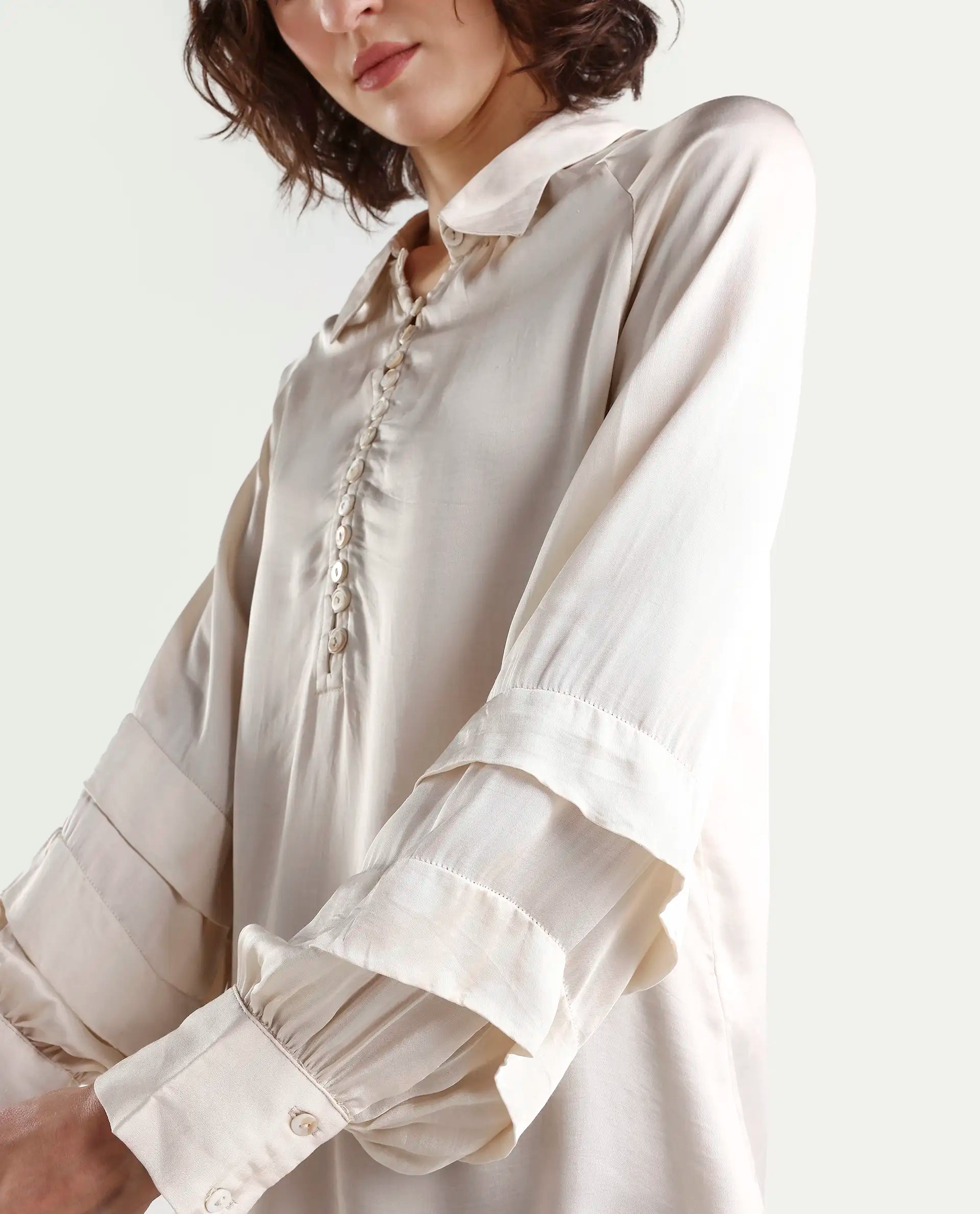 Rareism Women's Renee Beige Viscose Spread Collar Plain Bishop Sleeve Relaxed Fit Top