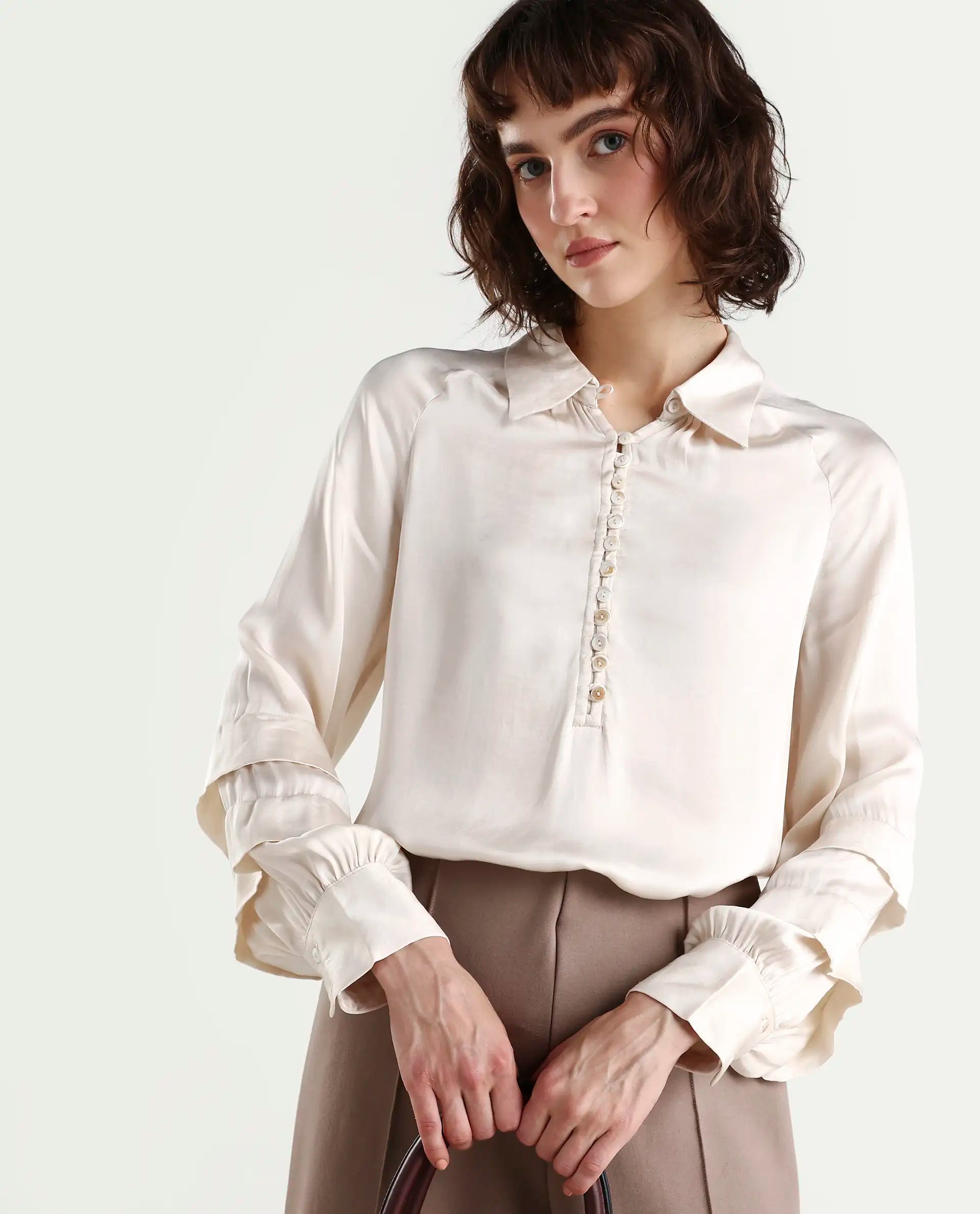 Rareism Women's Renee Beige Viscose Spread Collar Plain Bishop Sleeve Relaxed Fit Top