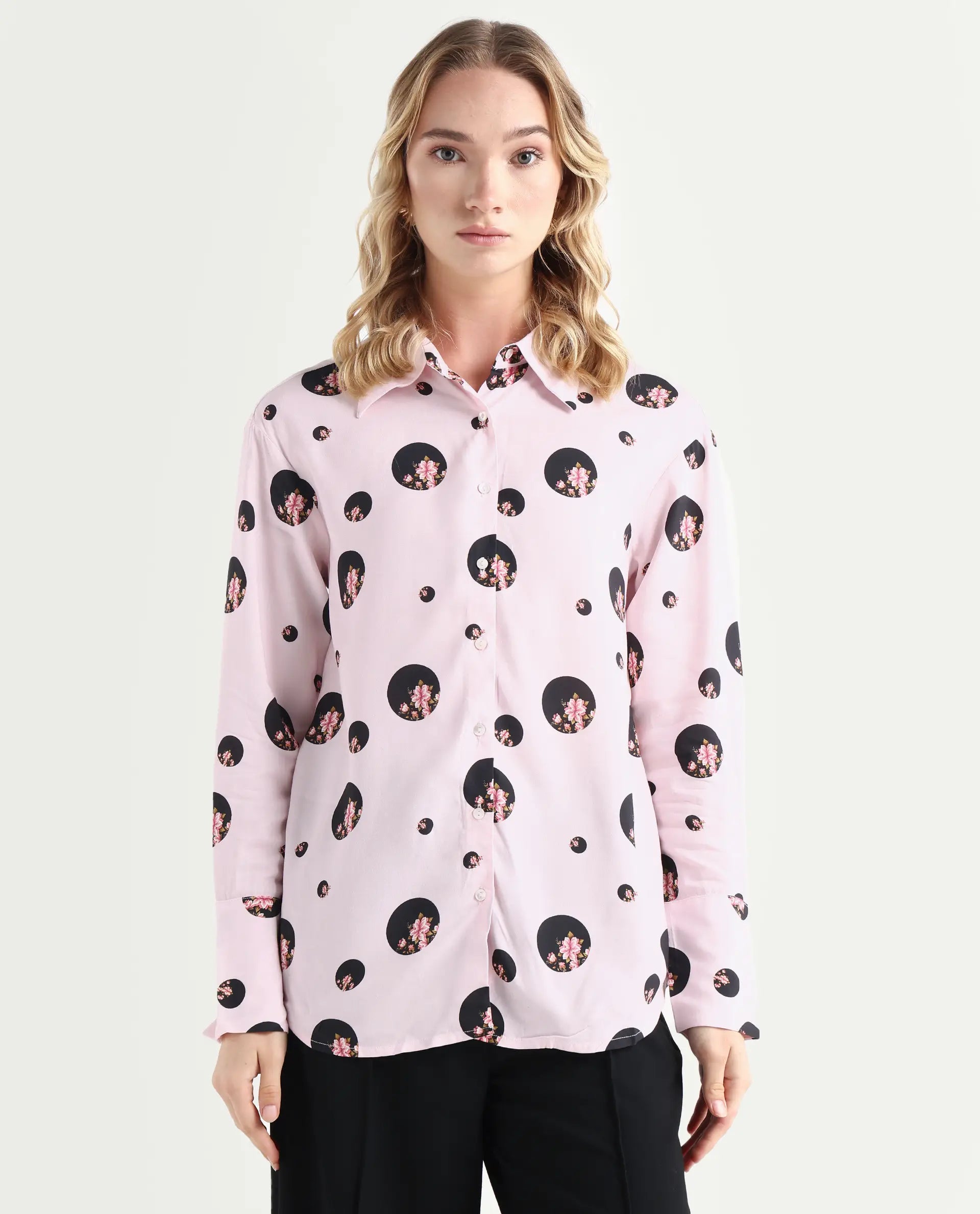 Rareism Women's Lumber Pink Polyester Spread Collar Floral Print Regular Fit Top