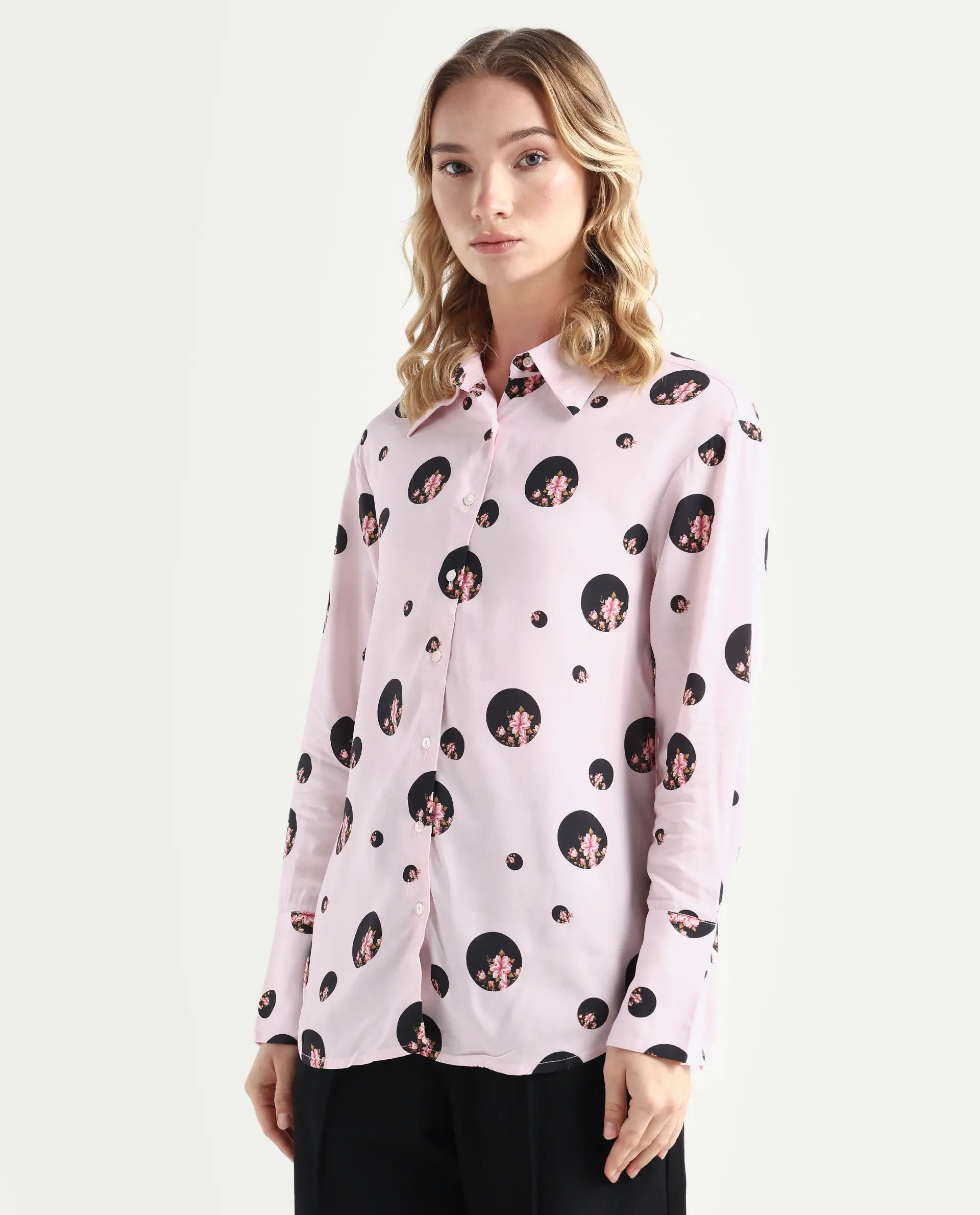 Rareism Women's Lumber Pink Polyester Spread Collar Floral Print Regular Fit Top