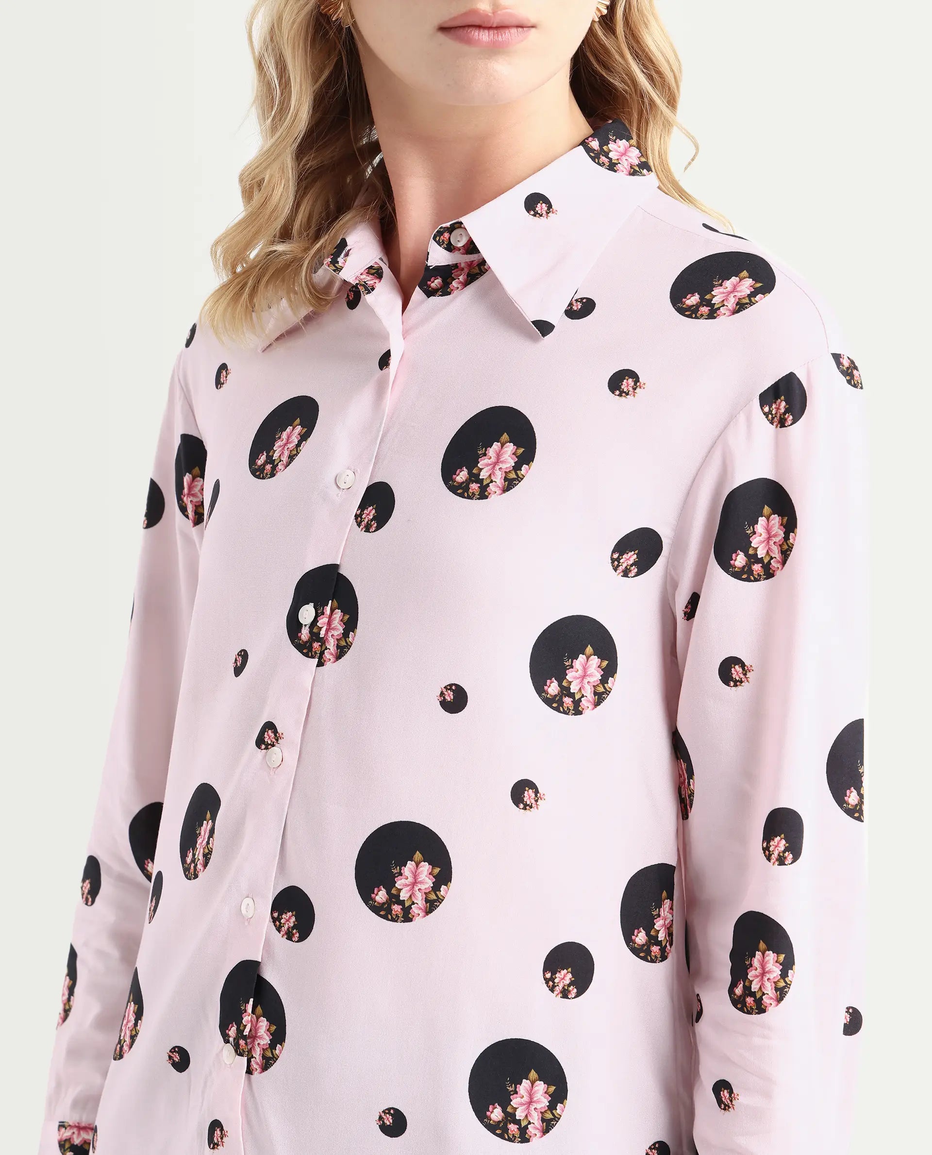 Rareism Women's Lumber Pink Polyester Spread Collar Floral Print Regular Fit Top