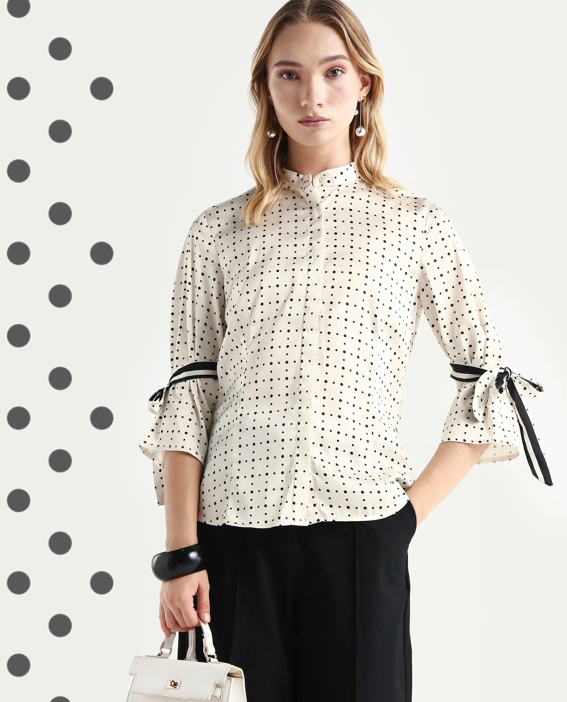 Rareism Women's Zanax Beige Polyester Mandarin Collar Polka Print Regular Fit Top