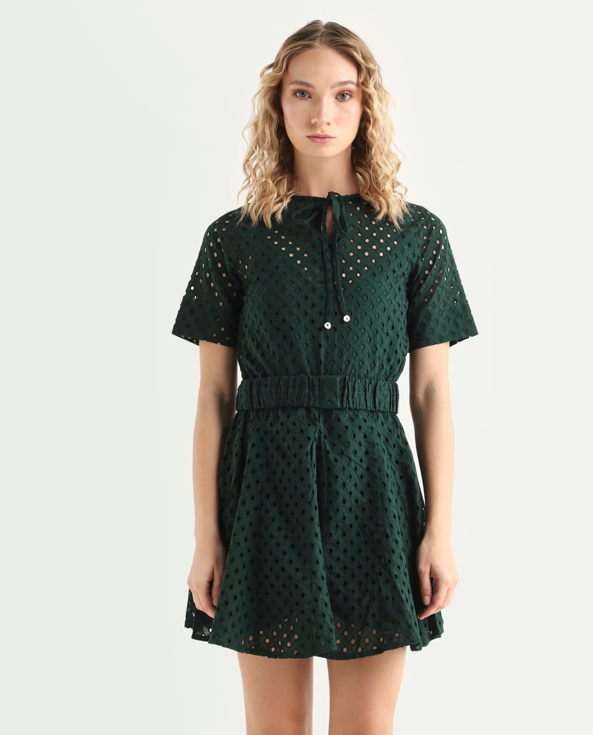 Rareism Women's Bex Green Cotton Tie-Up Neck Schiffli Knee Length Regular Fit Dress