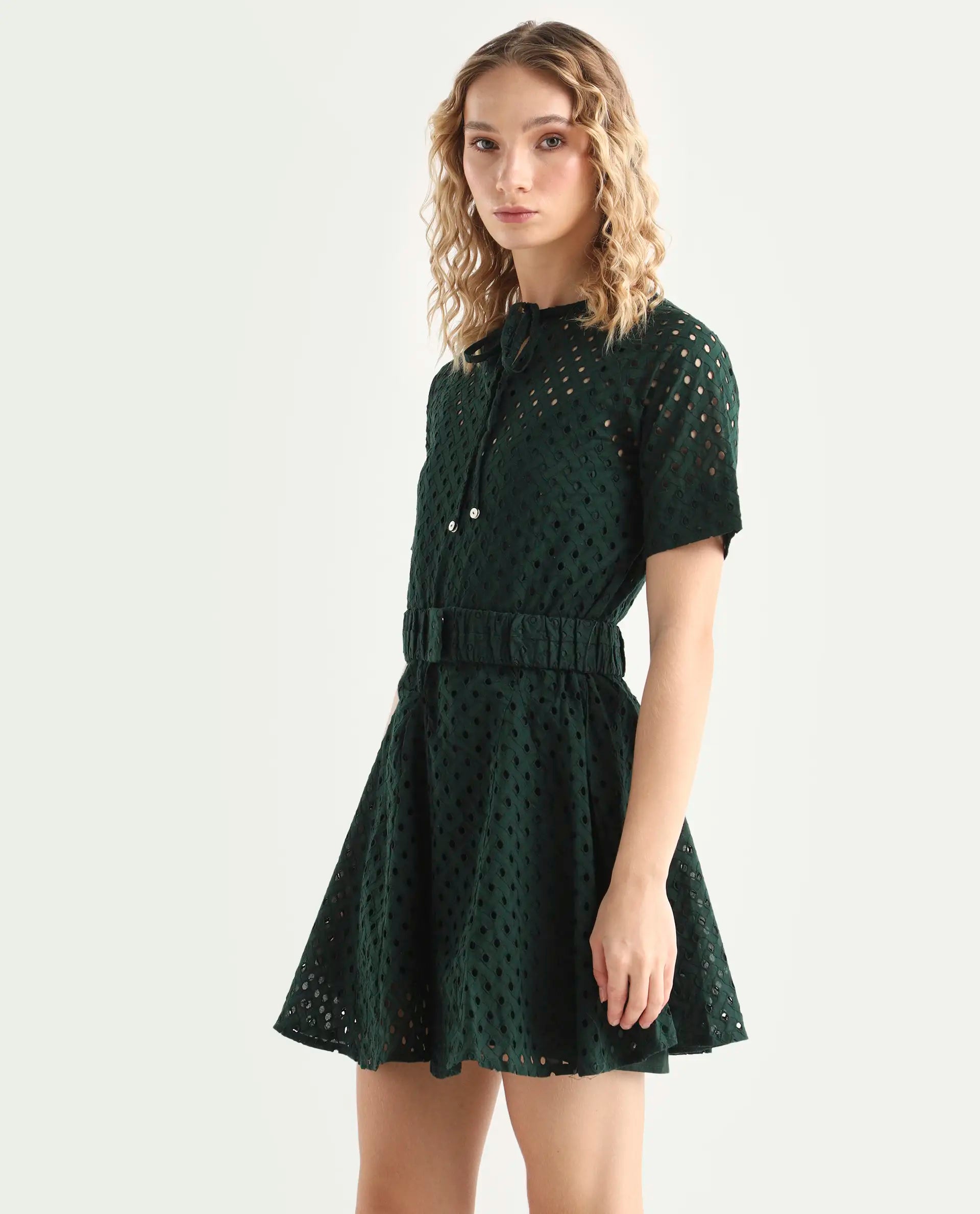 Rareism Women's Bex Green Cotton Tie-Up Neck Schiffli Knee Length Regular Fit Dress