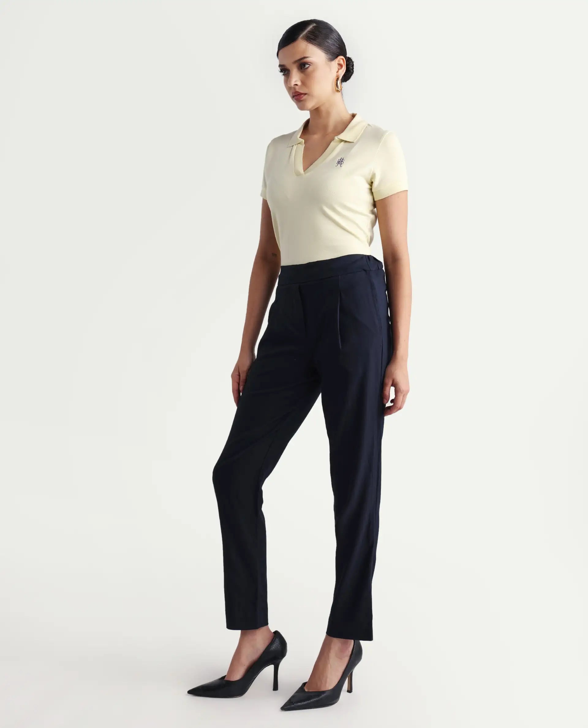 Rareism Women's Rosalia Navy Polyester Blend Plain Ankle Length Relaxed Fit Trouser