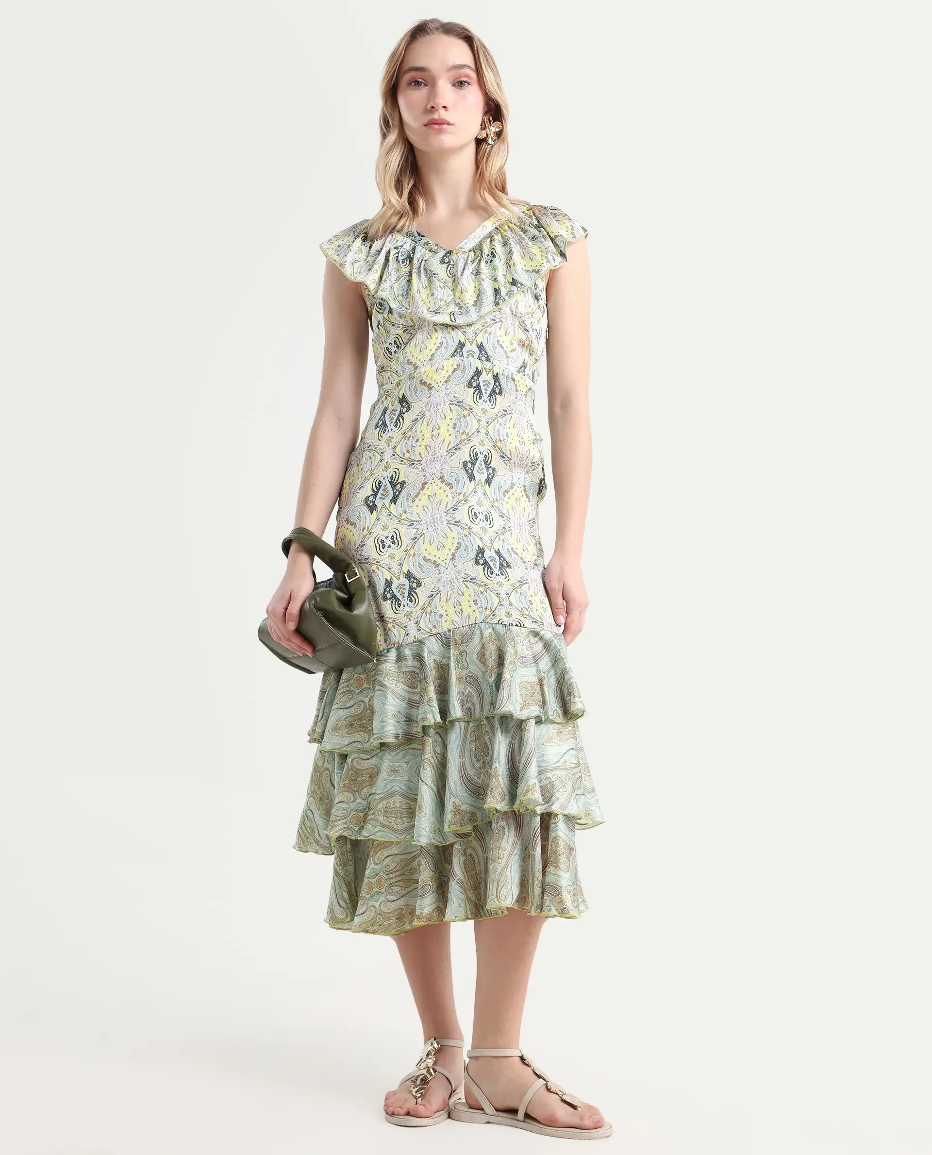 Rareism Women's Aishia Offwhite Polyester Sweetheart Neck Paisley Print Sleeveless Midi Regular Fit Dress