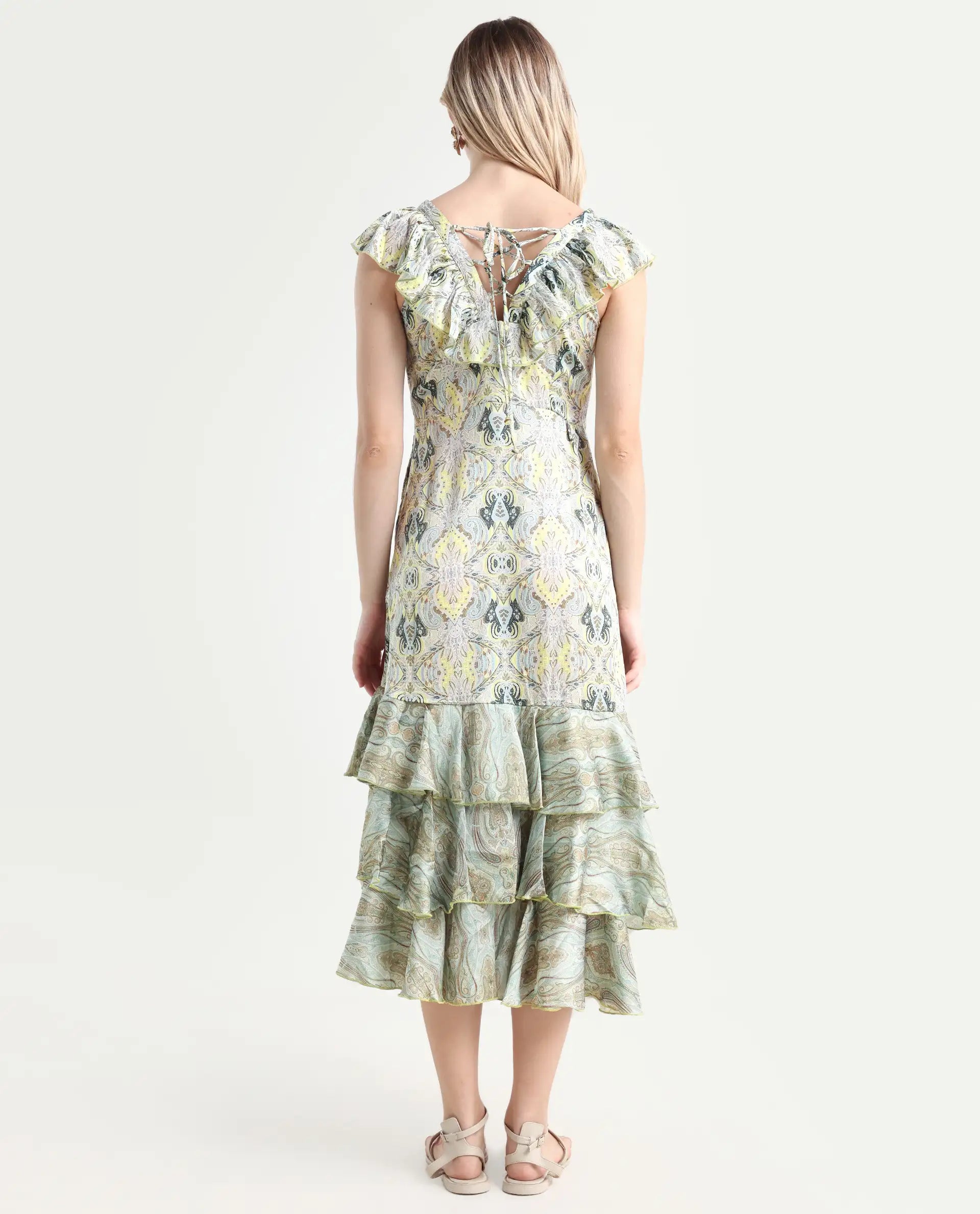 Rareism Women's Aishia Offwhite Polyester Sweetheart Neck Paisley Print Sleeveless Midi Regular Fit Dress