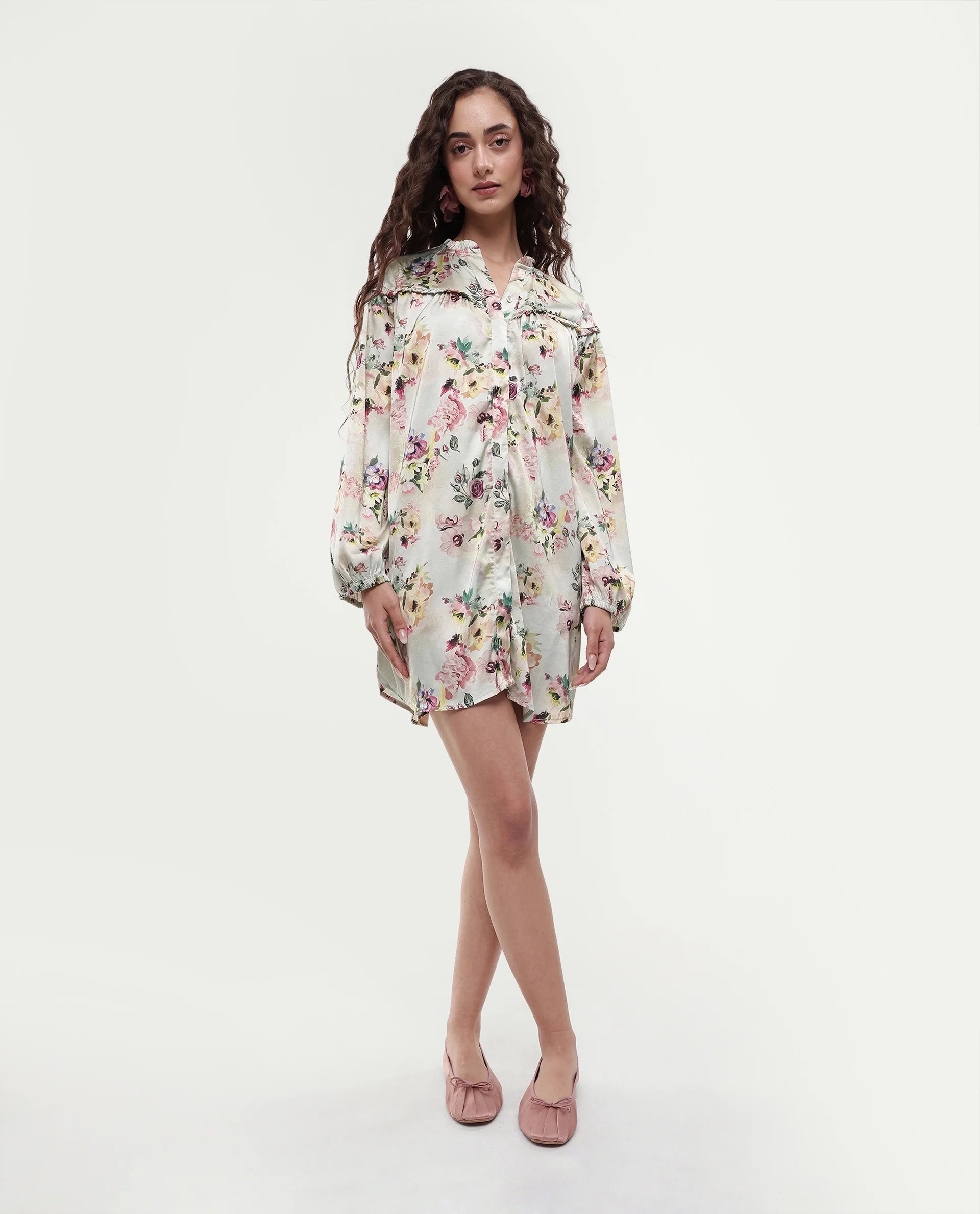 Rareism Women's Penelope Beige Polyester Ruffled Neck Floral Print Mini Regular Fit Dress