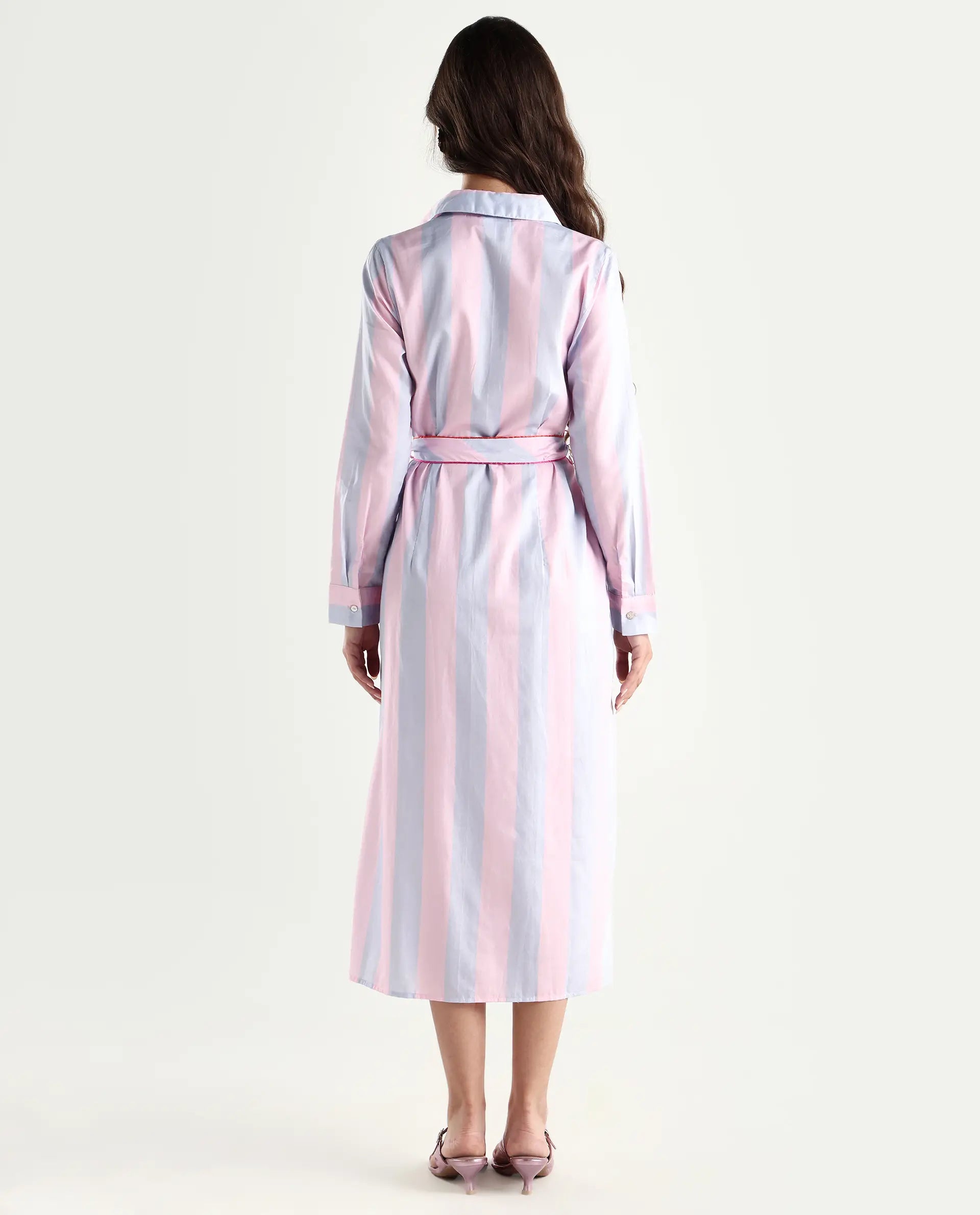 Rareism Women's Prach Pink Cotton Spread Collar Striped Knee Length Regular Fit Dress