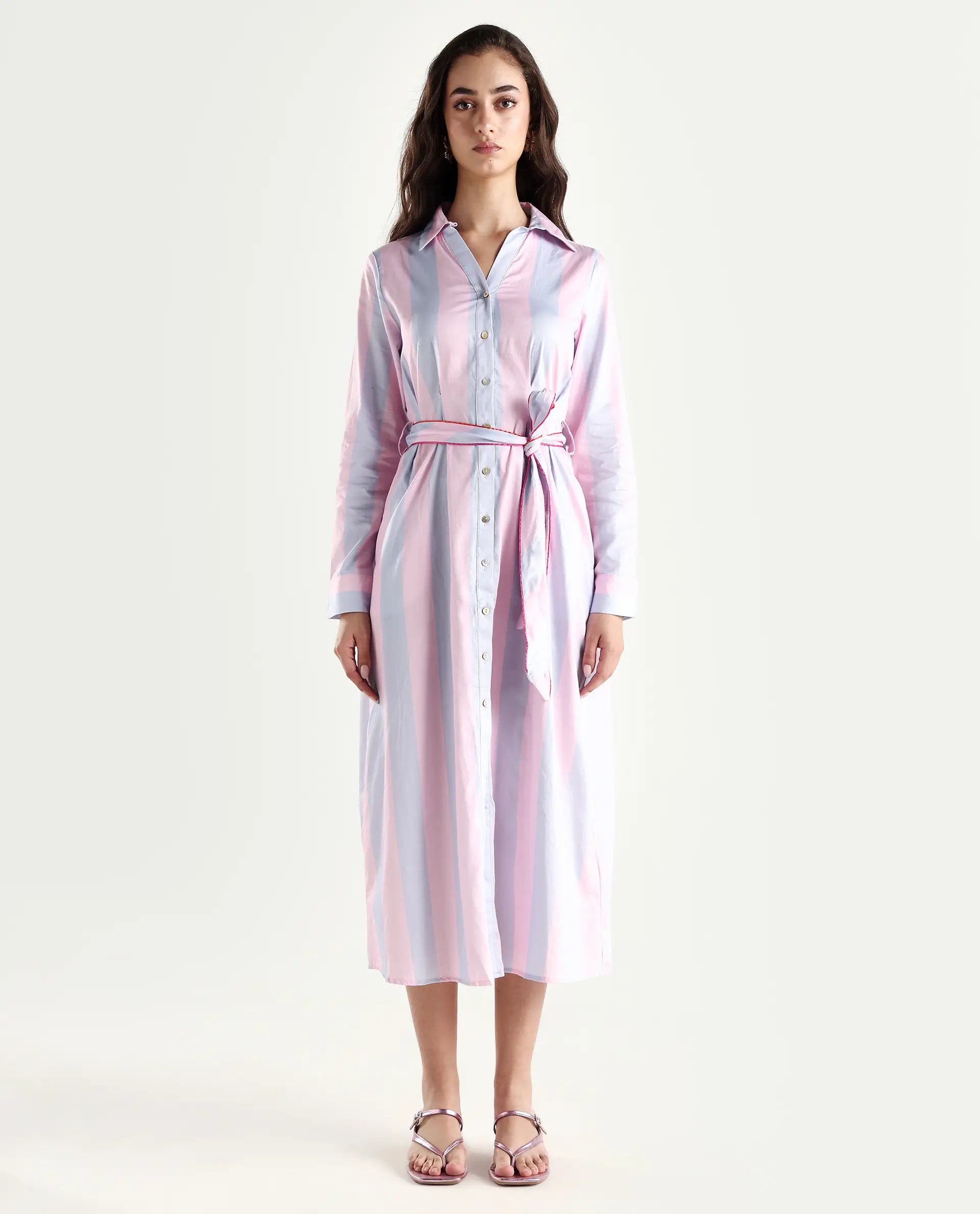 Rareism Women's Prach Pink Cotton Spread Collar Striped Knee Length Regular Fit Dress