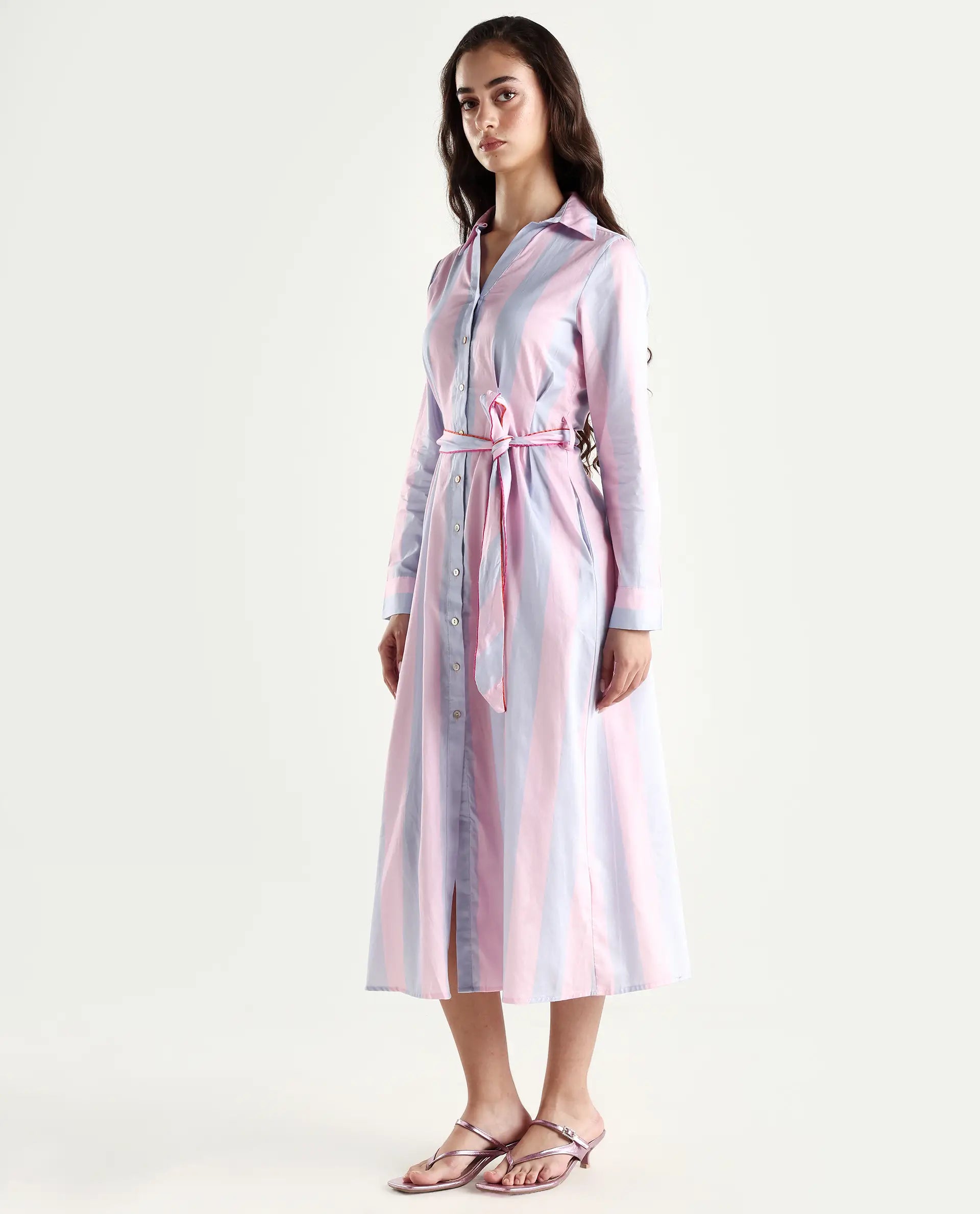 Rareism Women's Prach Pink Cotton Spread Collar Striped Knee Length Regular Fit Dress