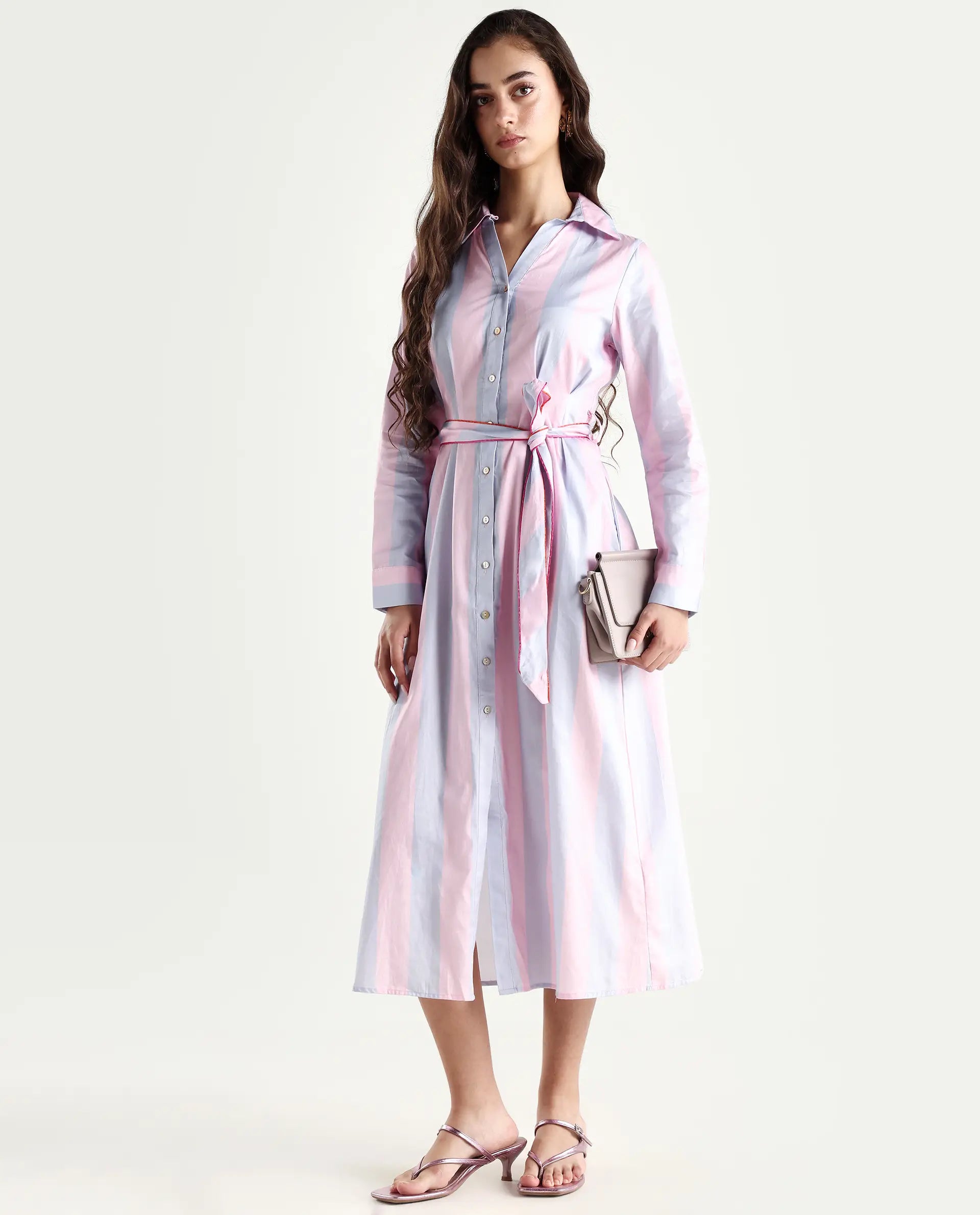 Rareism Women's Prach Pink Cotton Spread Collar Striped Knee Length Regular Fit Dress
