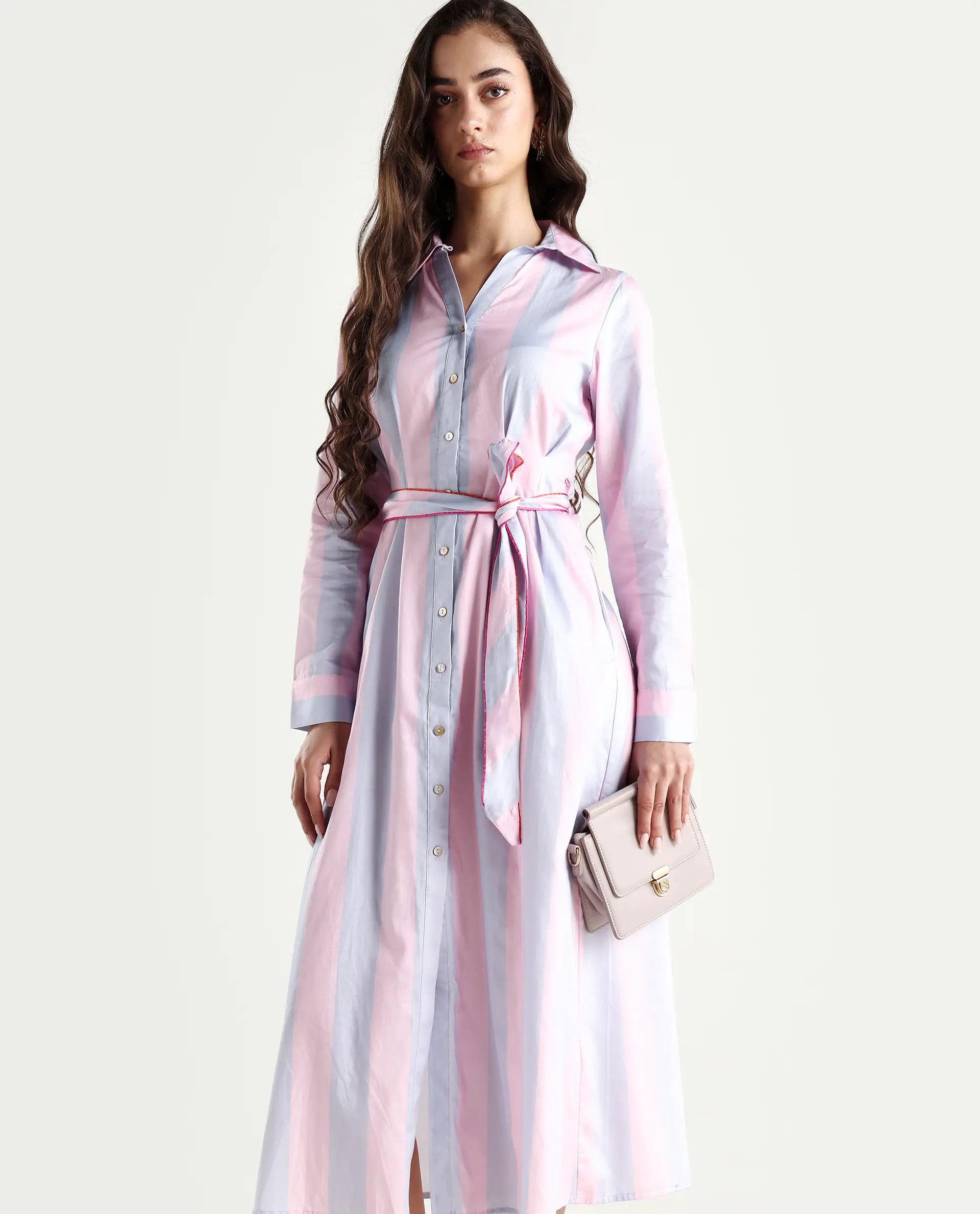 Rareism Women's Prach Pink Cotton Spread Collar Striped Knee Length Regular Fit Dress