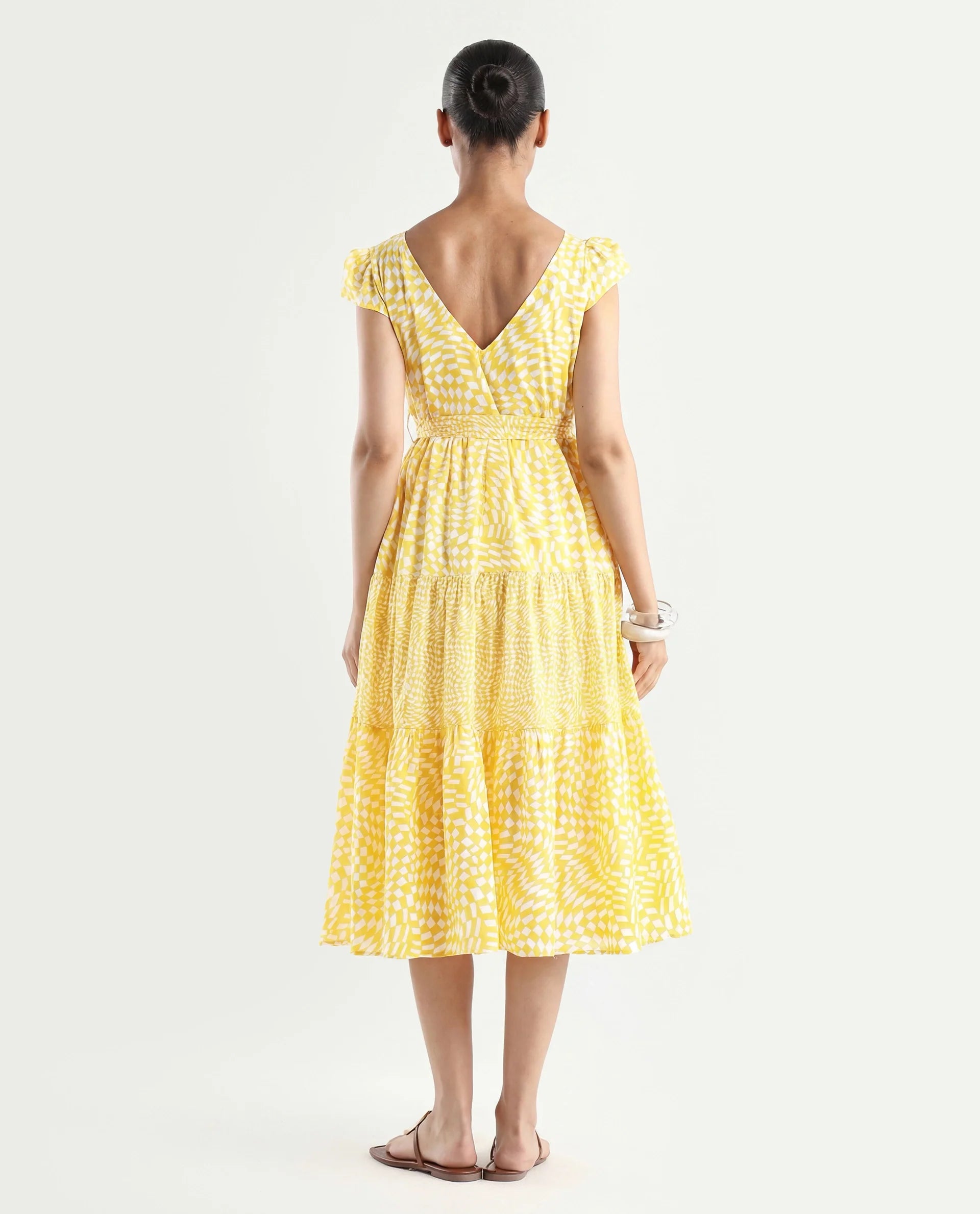 Rareism Women's Whitney Yellow Cotton V-Neck Geometric Print Cape Sleeve Knee Length Regular Fit Dress
