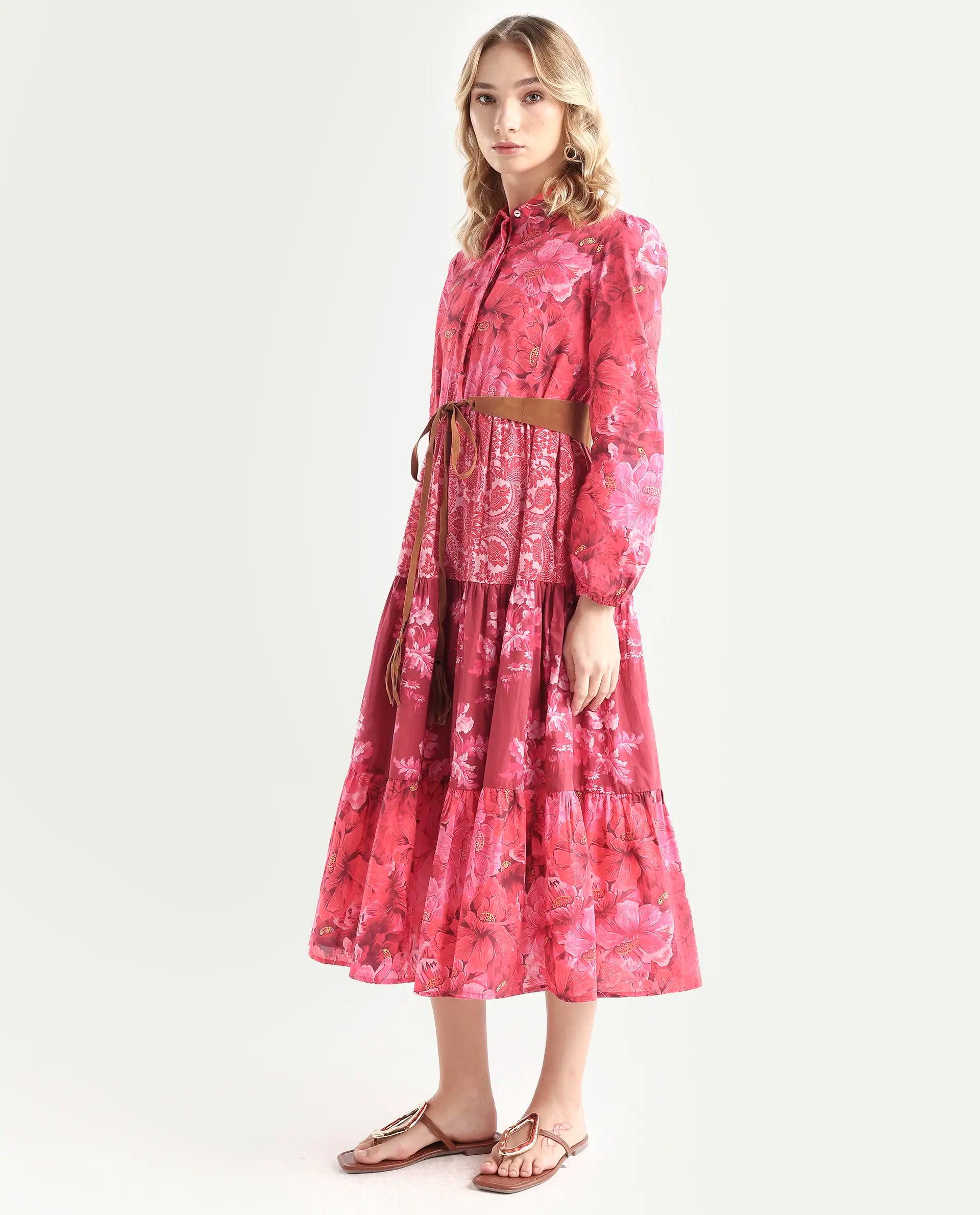 Rareism Women's Ixora Maroon Cotton Spread Collar Floral Print Knee Length Regular Fit Dress