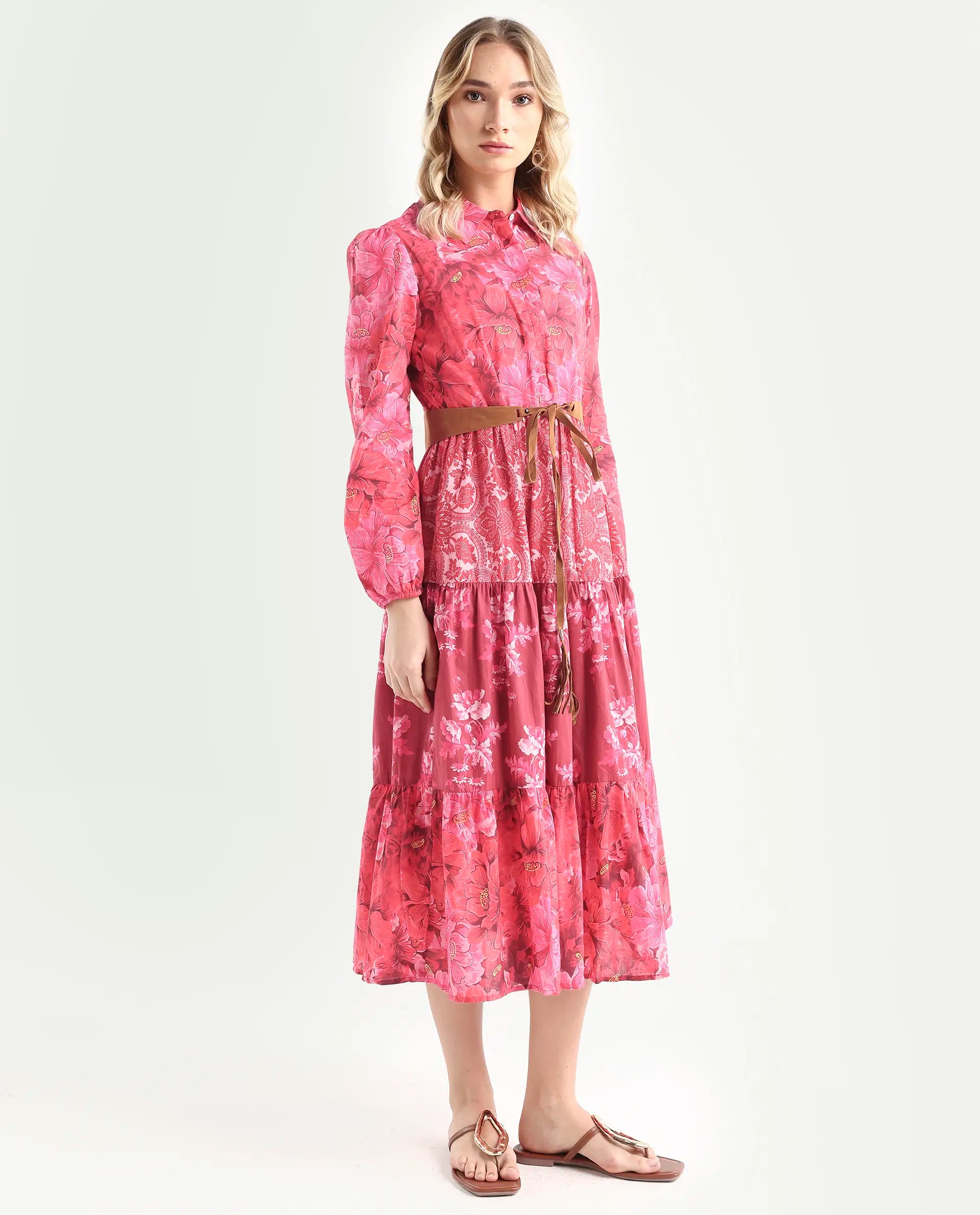 Rareism Women's Ixora Maroon Cotton Spread Collar Floral Print Knee Length Regular Fit Dress