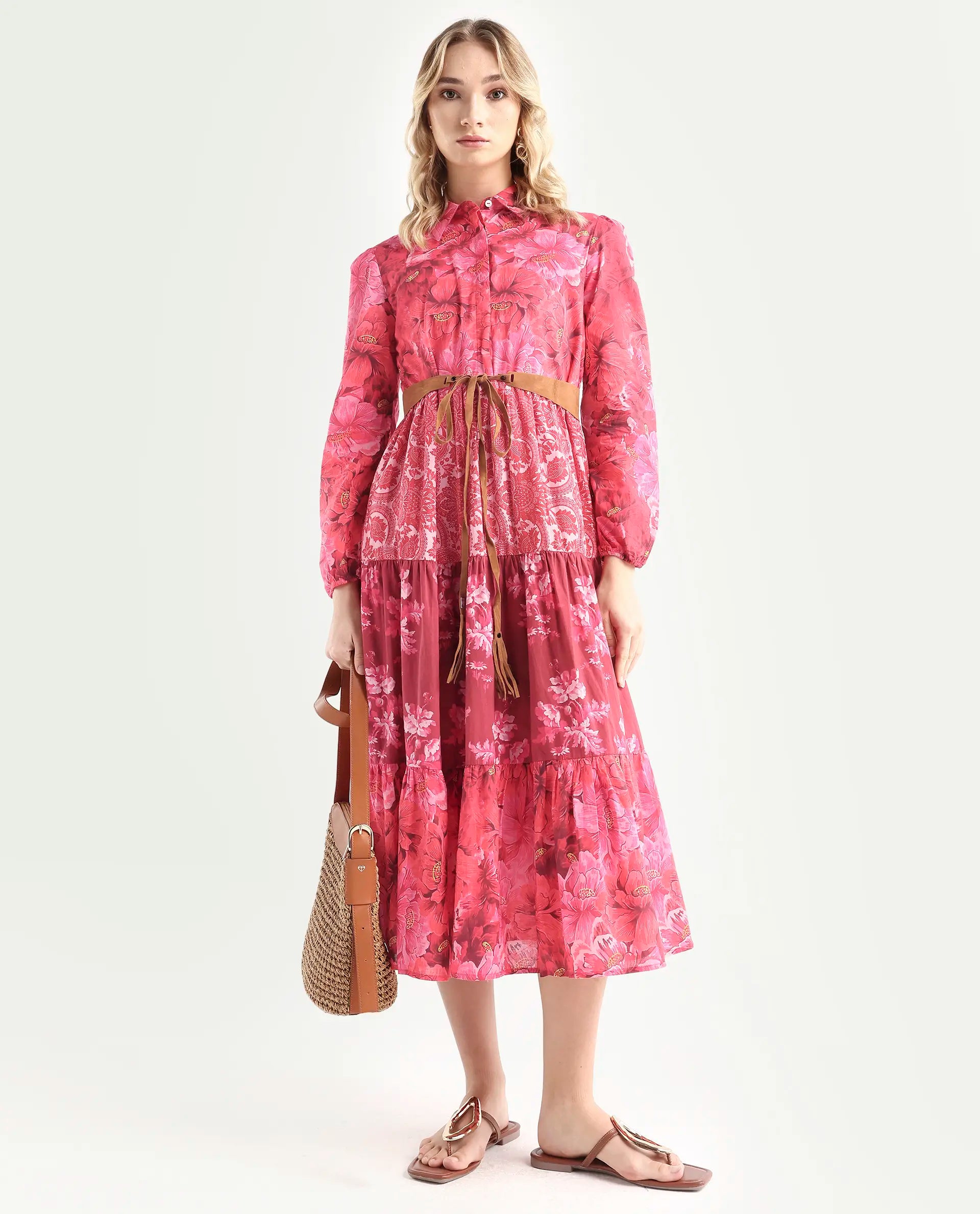 Rareism Women's Ixora Maroon Cotton Spread Collar Floral Print Knee Length Regular Fit Dress