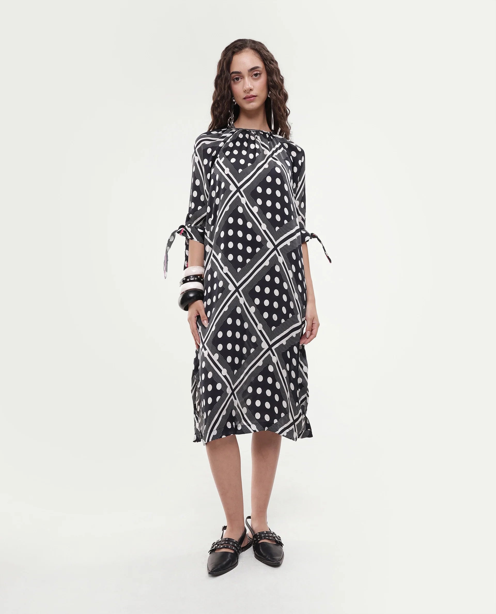 Rareism Women's Jeannie Black Polyester Boat Neck Polka Print Knee Length Regular Fit Dress