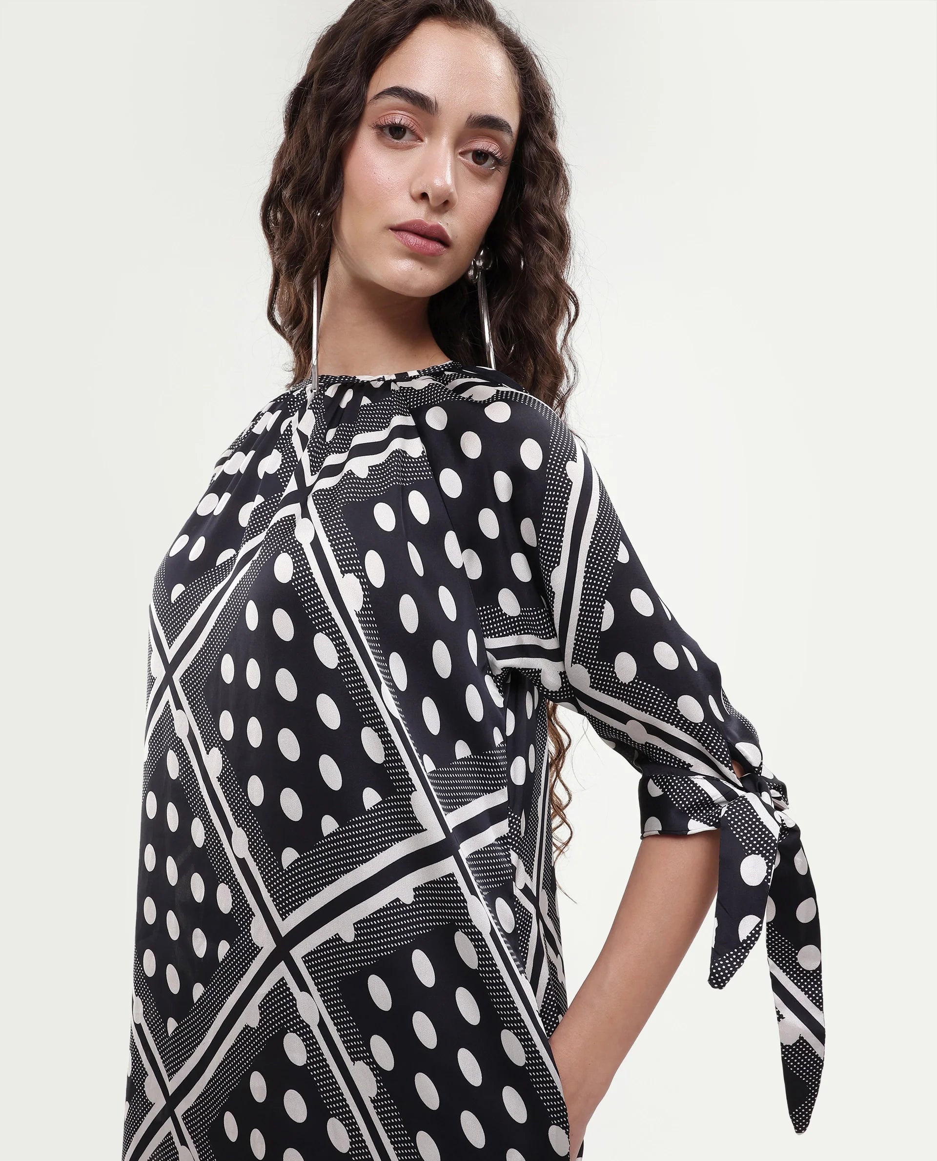 Rareism Women's Jeannie Black Polyester Boat Neck Polka Print Knee Length Regular Fit Dress