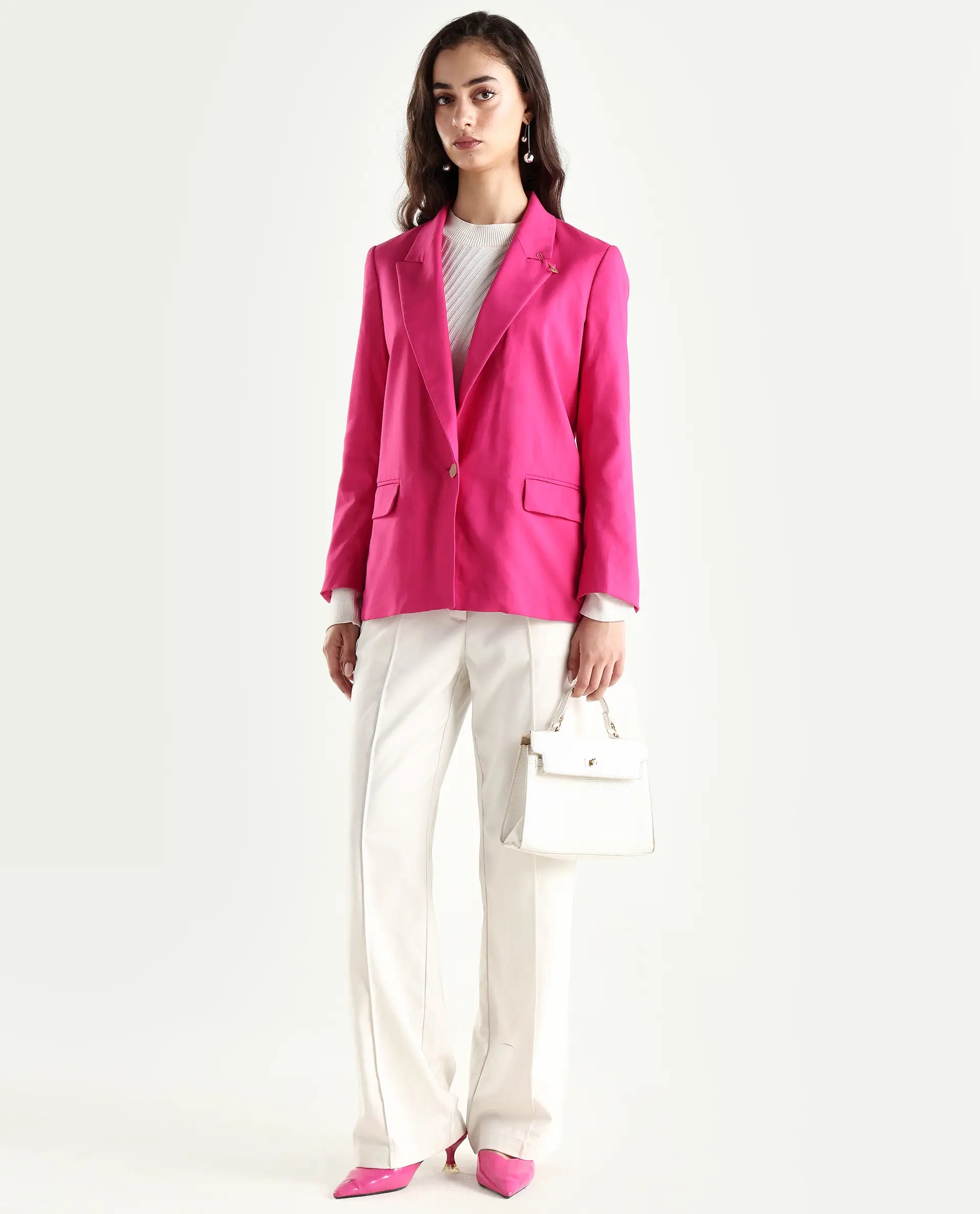 Rareism Women's Ziva Pink Polyester Lapel Neck Plain Tailored Blazer