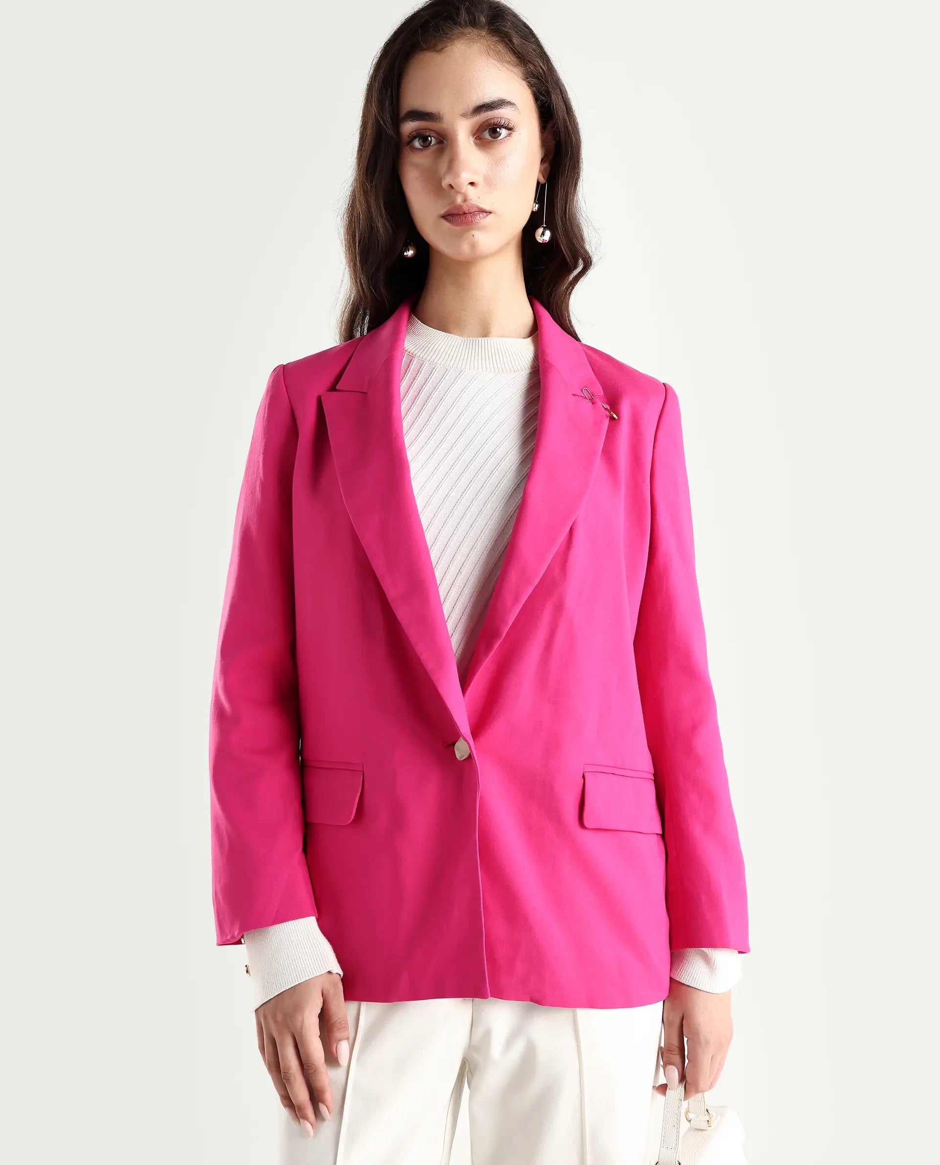 Rareism Women's Ziva Pink Polyester Lapel Neck Plain Tailored Blazer