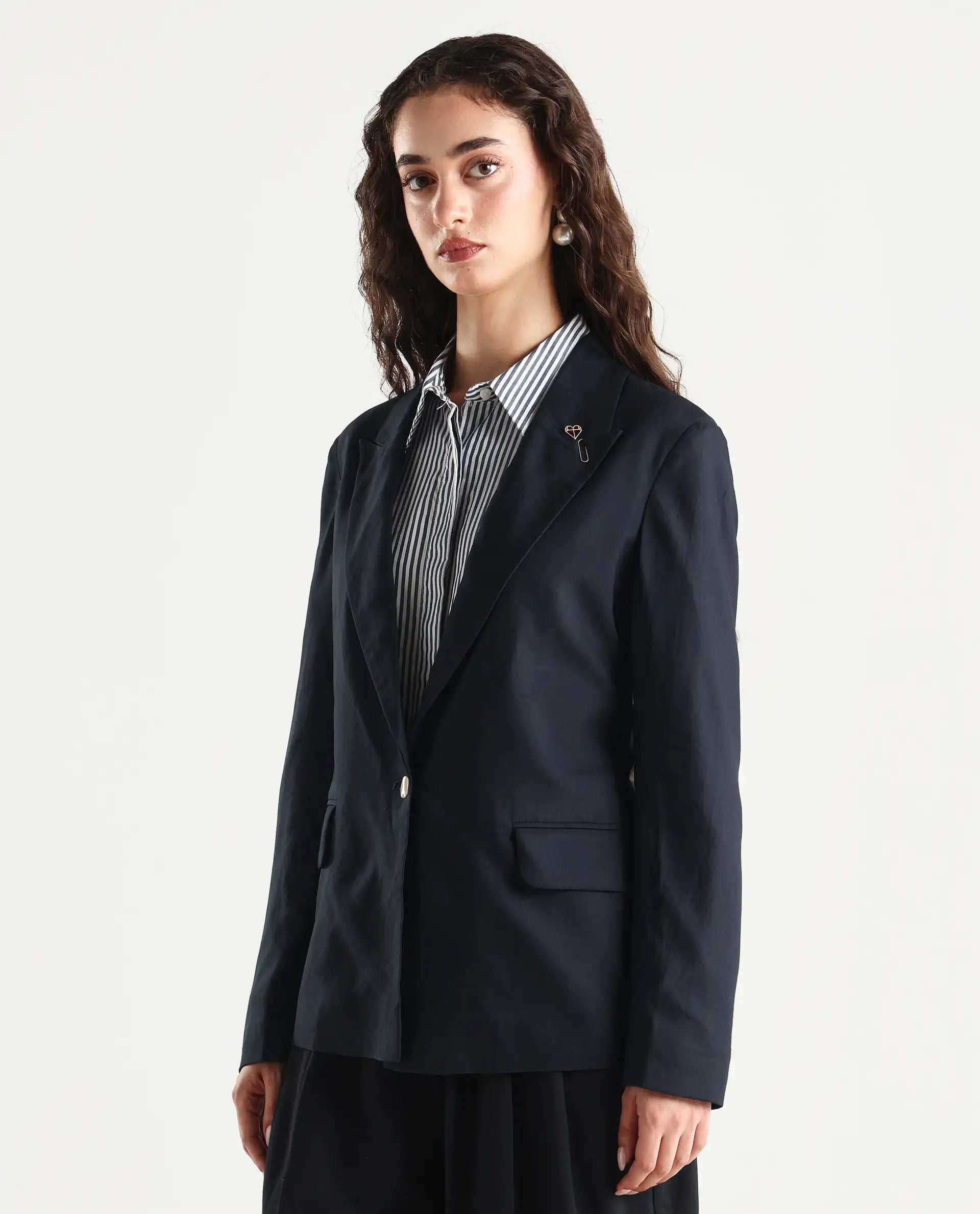 Rareism Women's Ziva Black Polyester Lapel Neck Plain Tailored Blazer