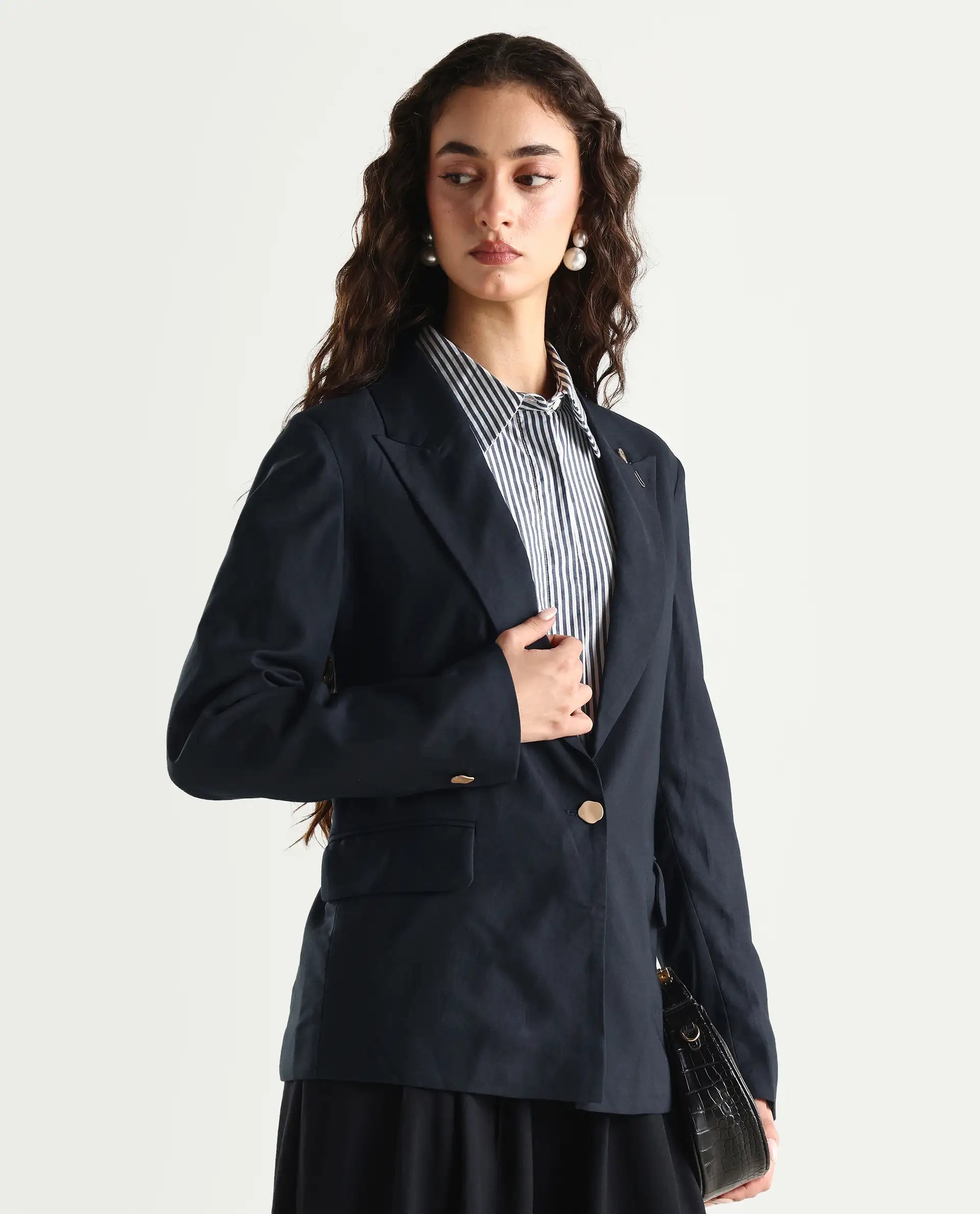 Rareism Women's Ziva Black Polyester Lapel Neck Plain Tailored Blazer