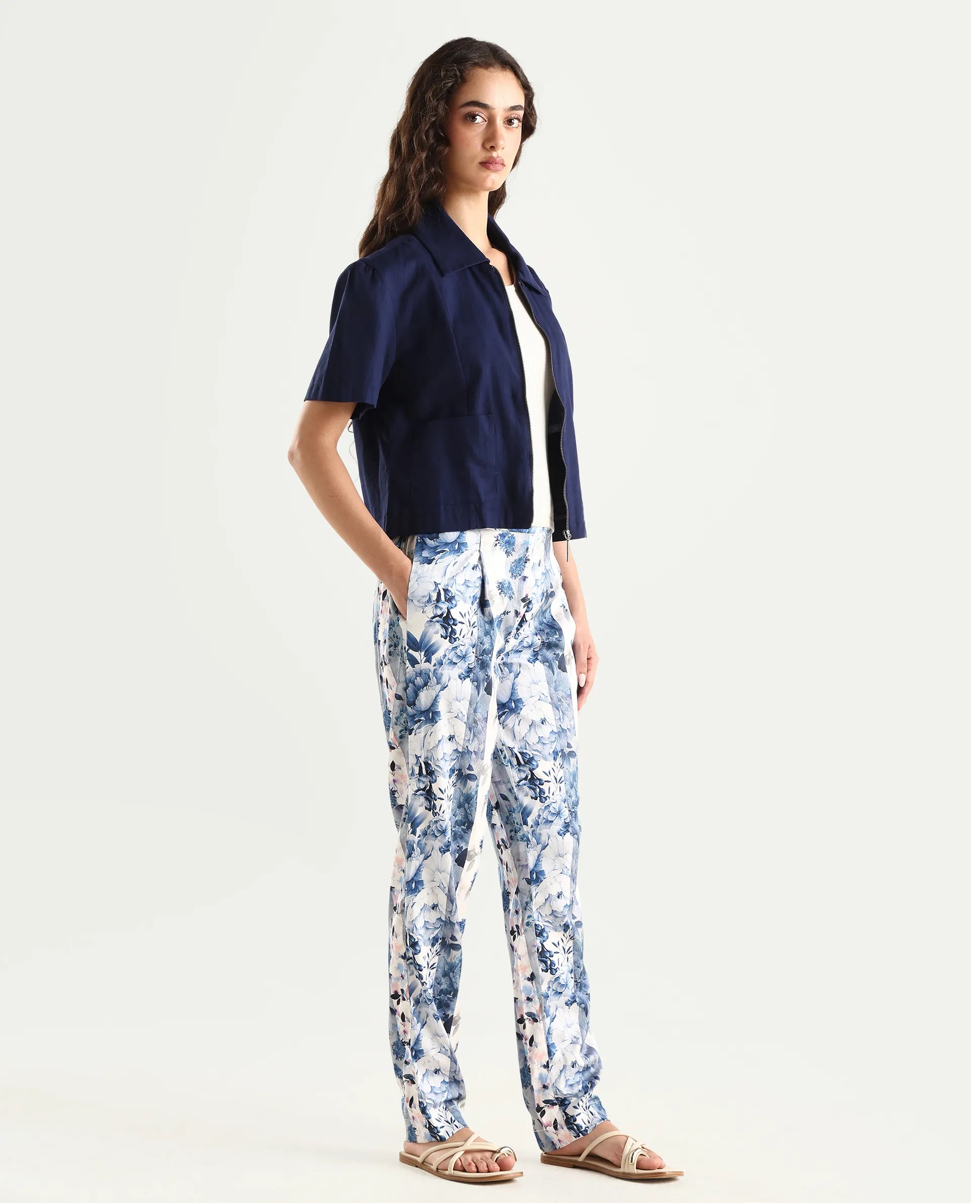 Rareism Women's Rabella Blue Polyester Floral Print Ankle Length Tailored Trouser