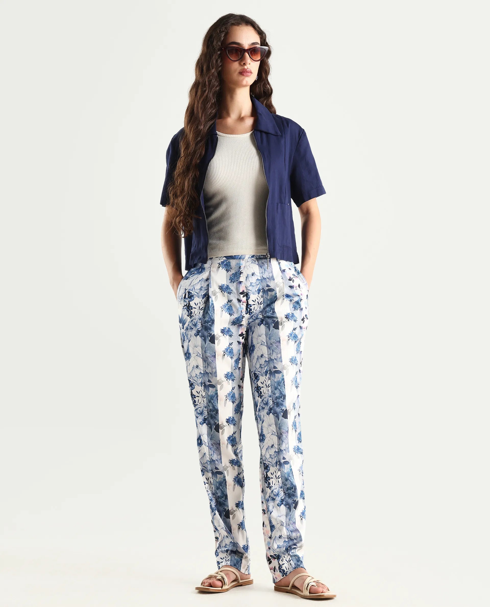 Rareism Women's Rabella Blue Polyester Floral Print Ankle Length Tailored Trouser