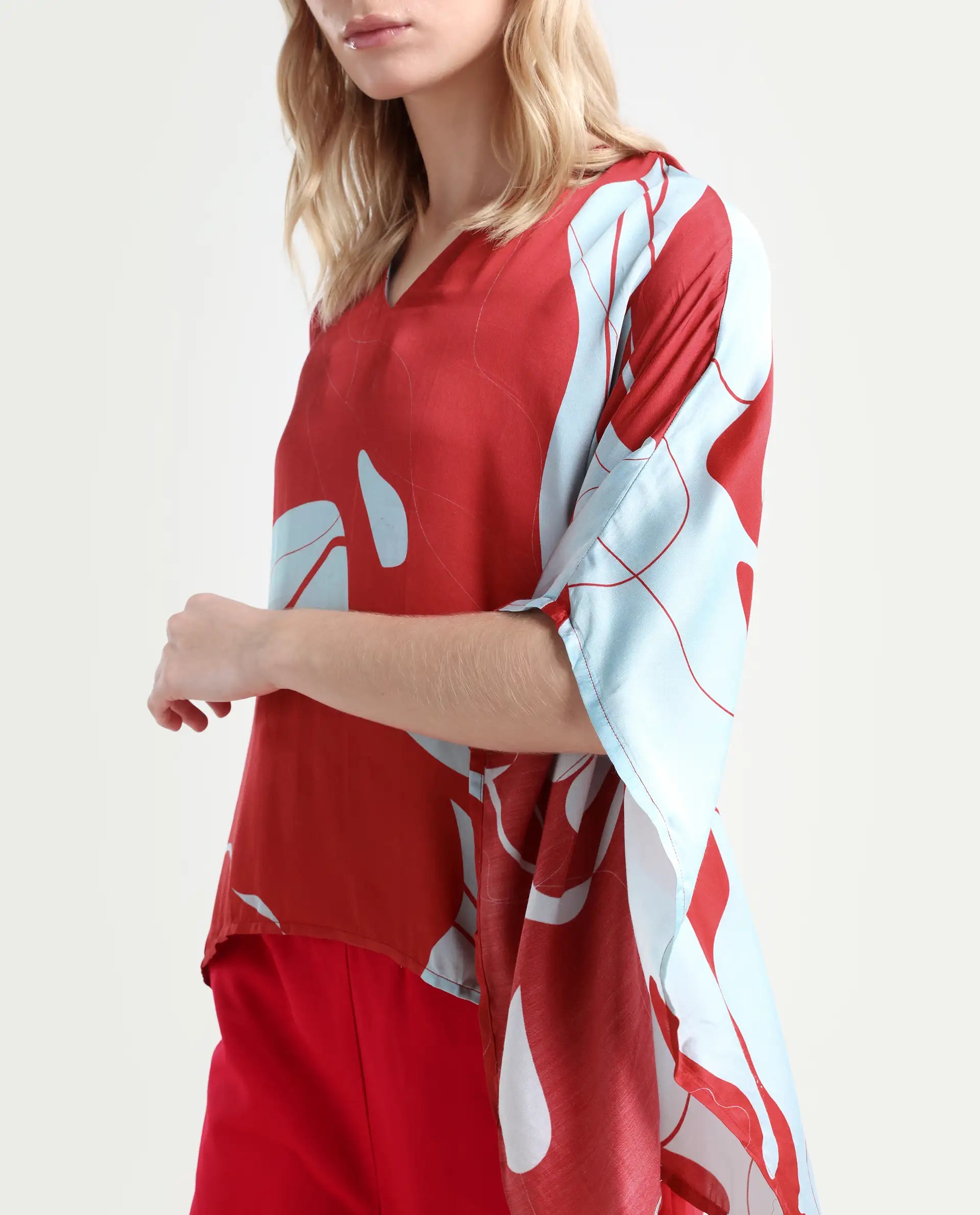 Rareism Women's Alyse Maroon Modal V-Neck Abstract Print Regular Fit Top