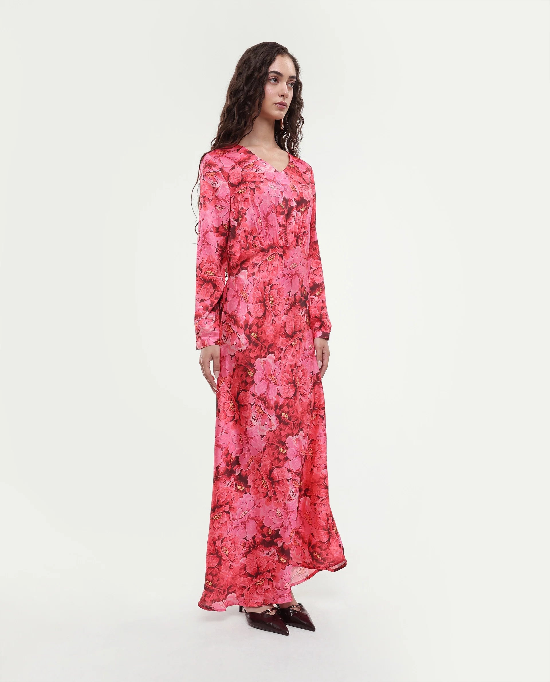 Rareism Women's Merlot Maroon Cotton V-Neck Floral Print Maxi Regular Fit Dress