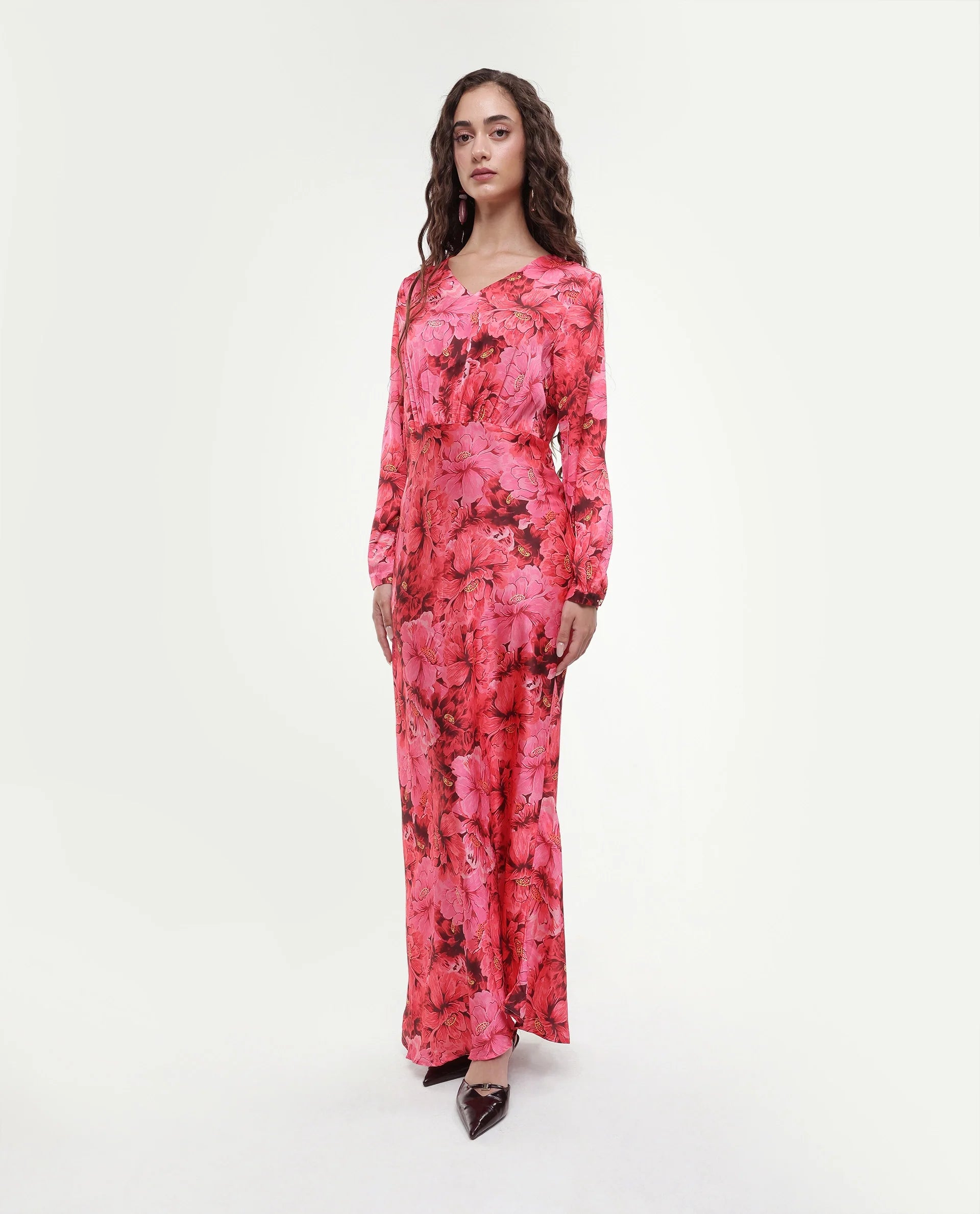 Rareism Women's Merlot Maroon Cotton V-Neck Floral Print Maxi Regular Fit Dress