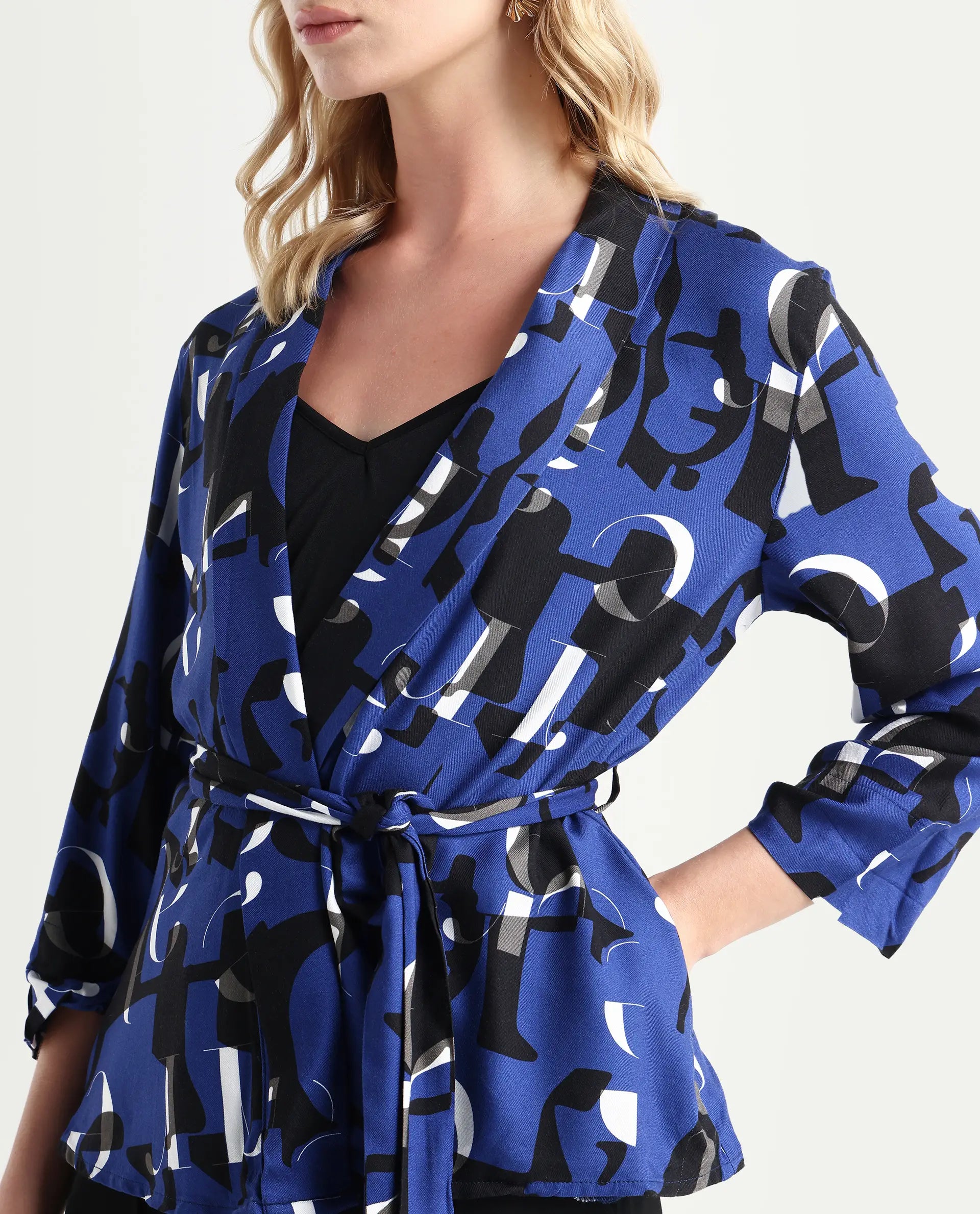 Rareism Women's Billie Blue Viscose Collarless Monogram Print Regular Fit Shrug