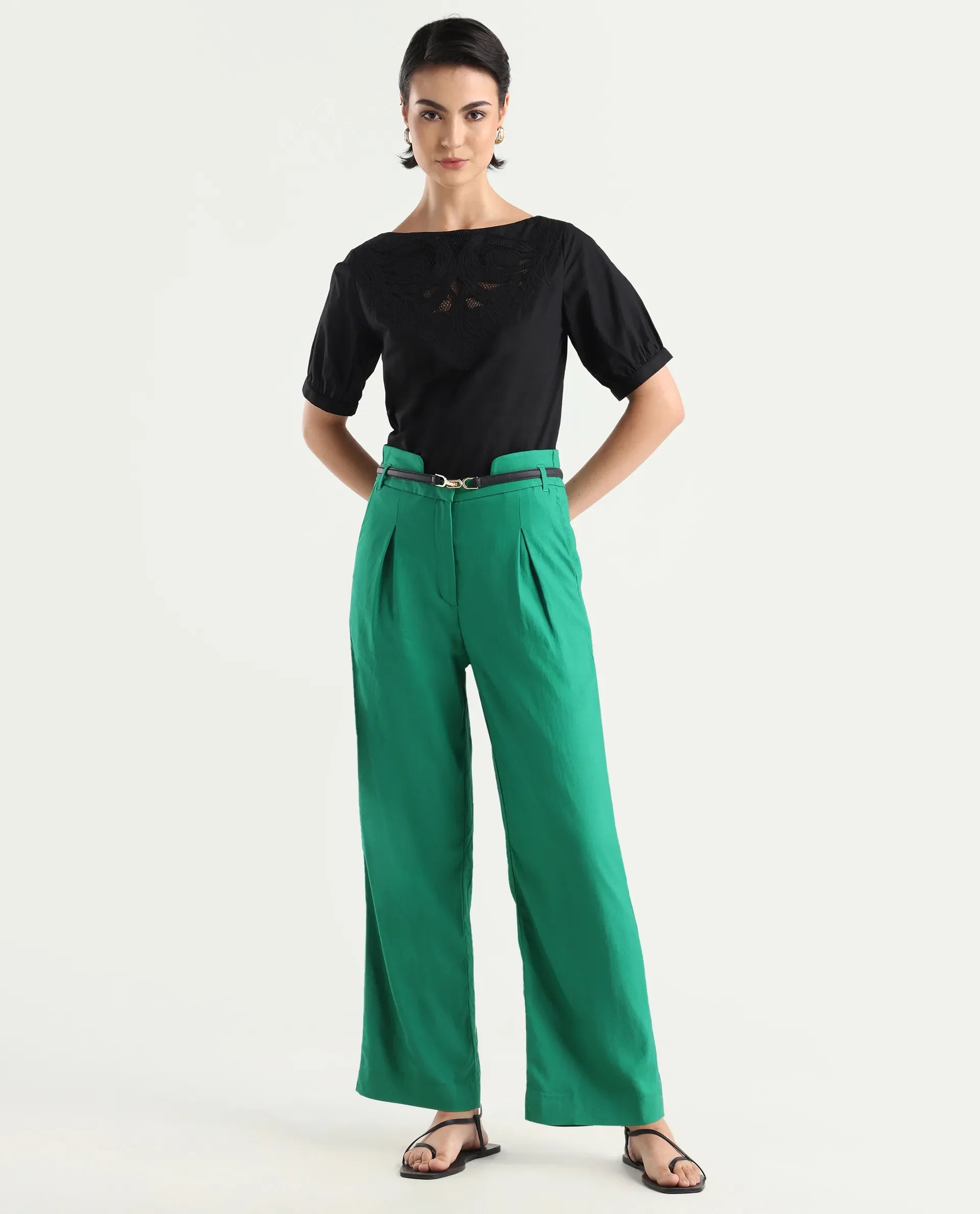 Rareism Women's Evanova Green Polyester Blend Plain Ankle Length Regular Fit Trouser