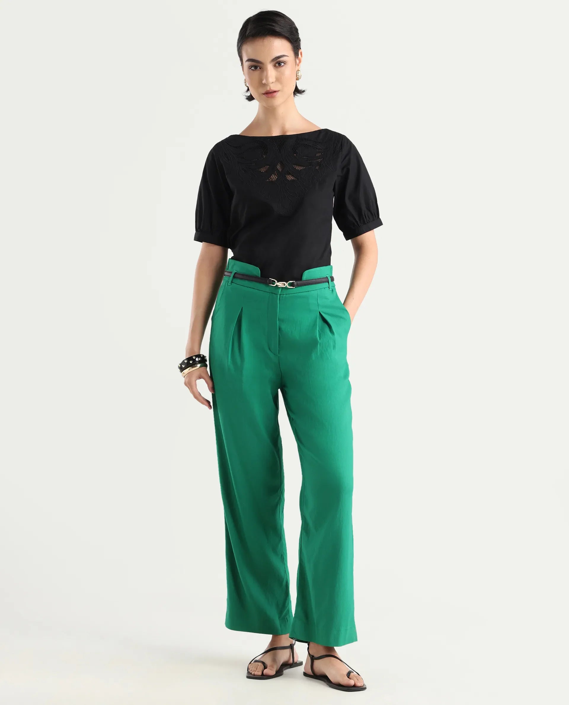 Rareism Women's Evanova Green Viscose Plain Ankle Length Regular Fit Trouser