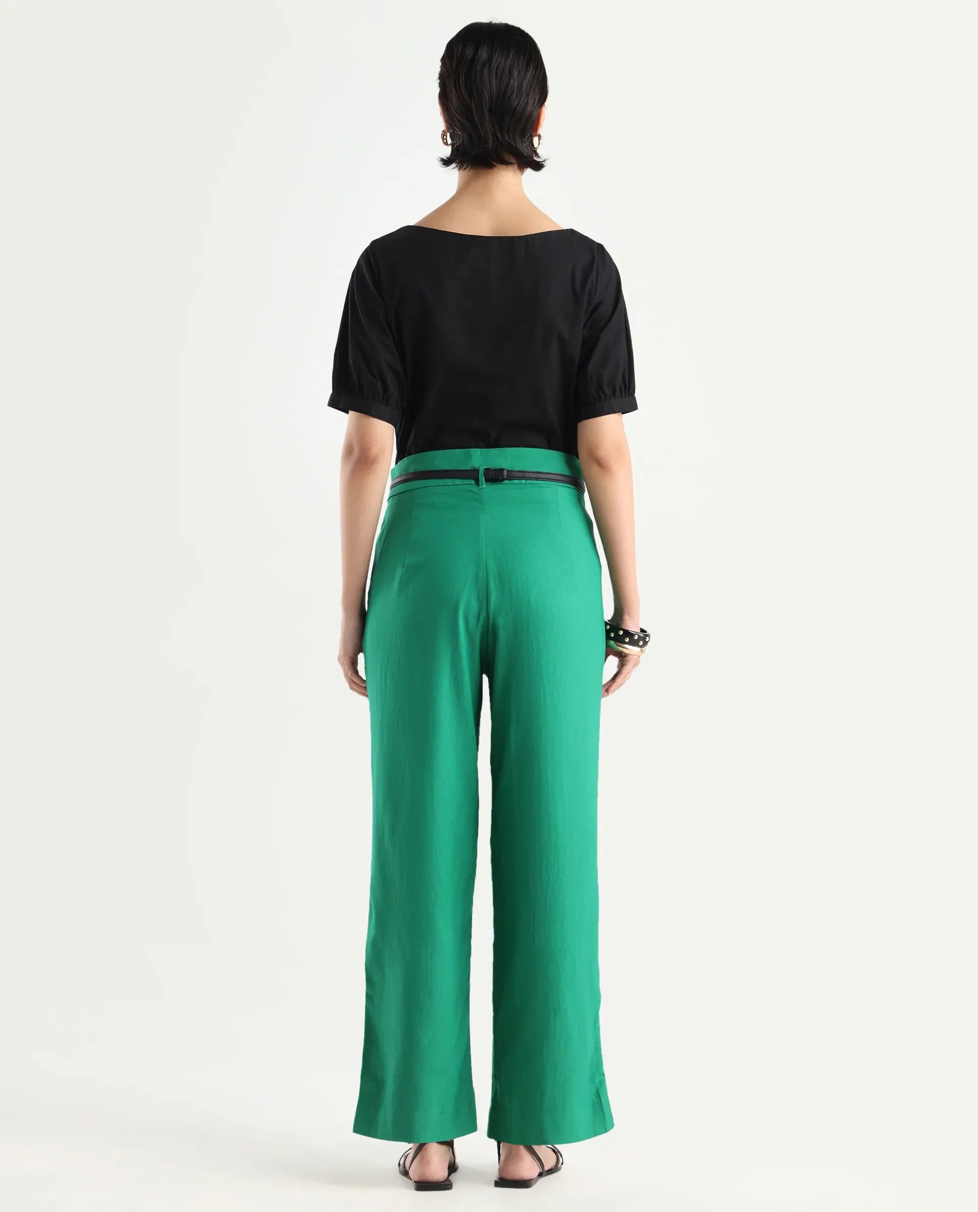 Rareism Women's Evanova Green Viscose Plain Ankle Length Regular Fit Trouser