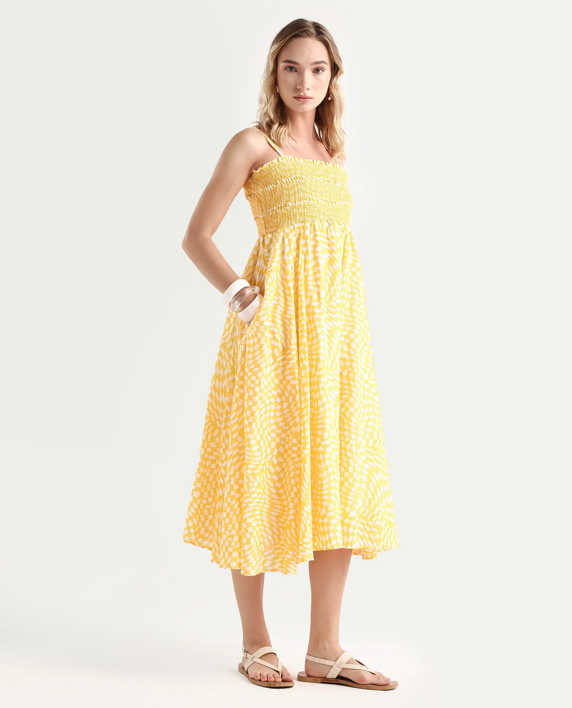 Rareism Women's Daffodil Yellow Cotton Tube Neck Printed Shoulder Strap Knee Length Regular Fit Dress