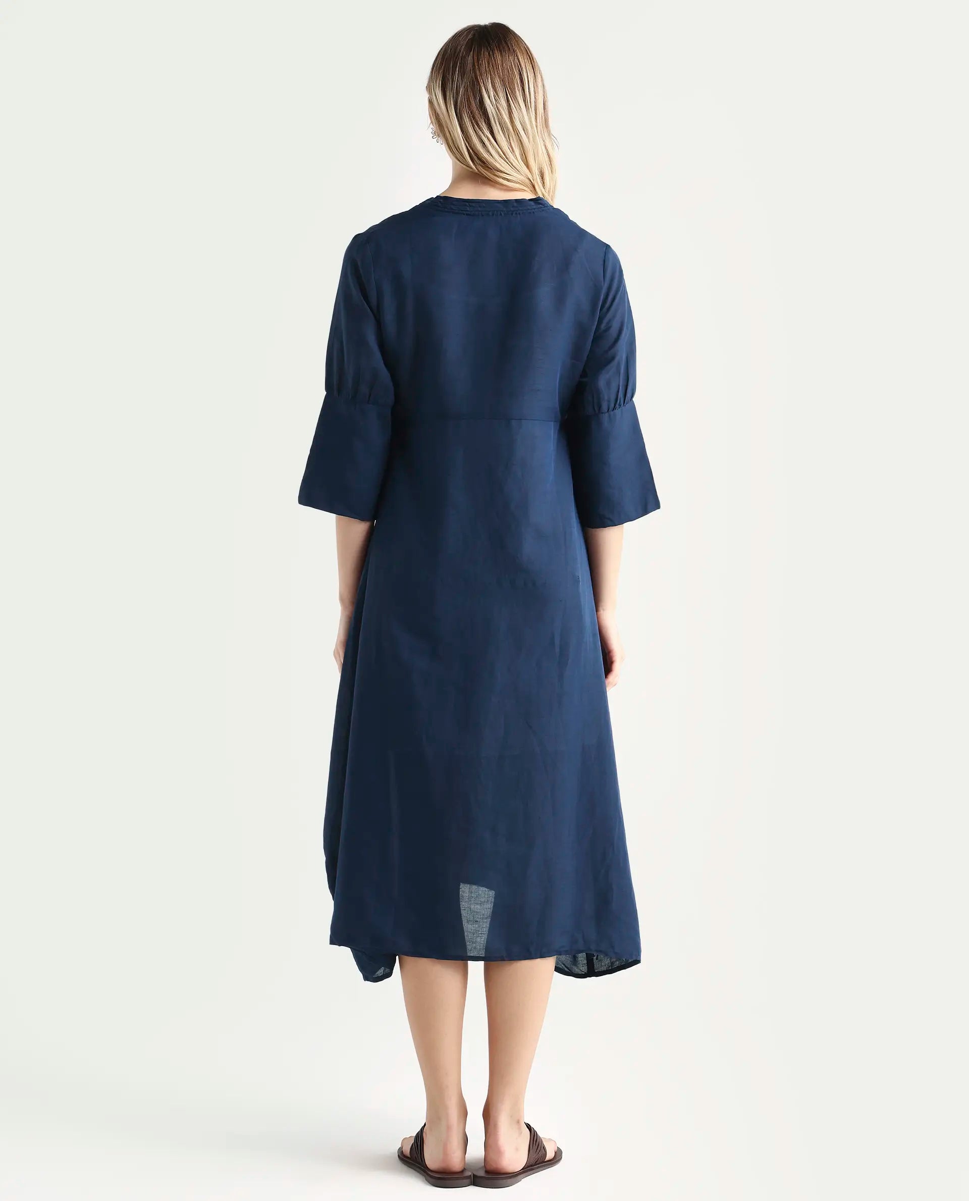 Rareism Women's Krick Navy Modal Blend V-Neck Plain Midi Relaxed Fit Dress