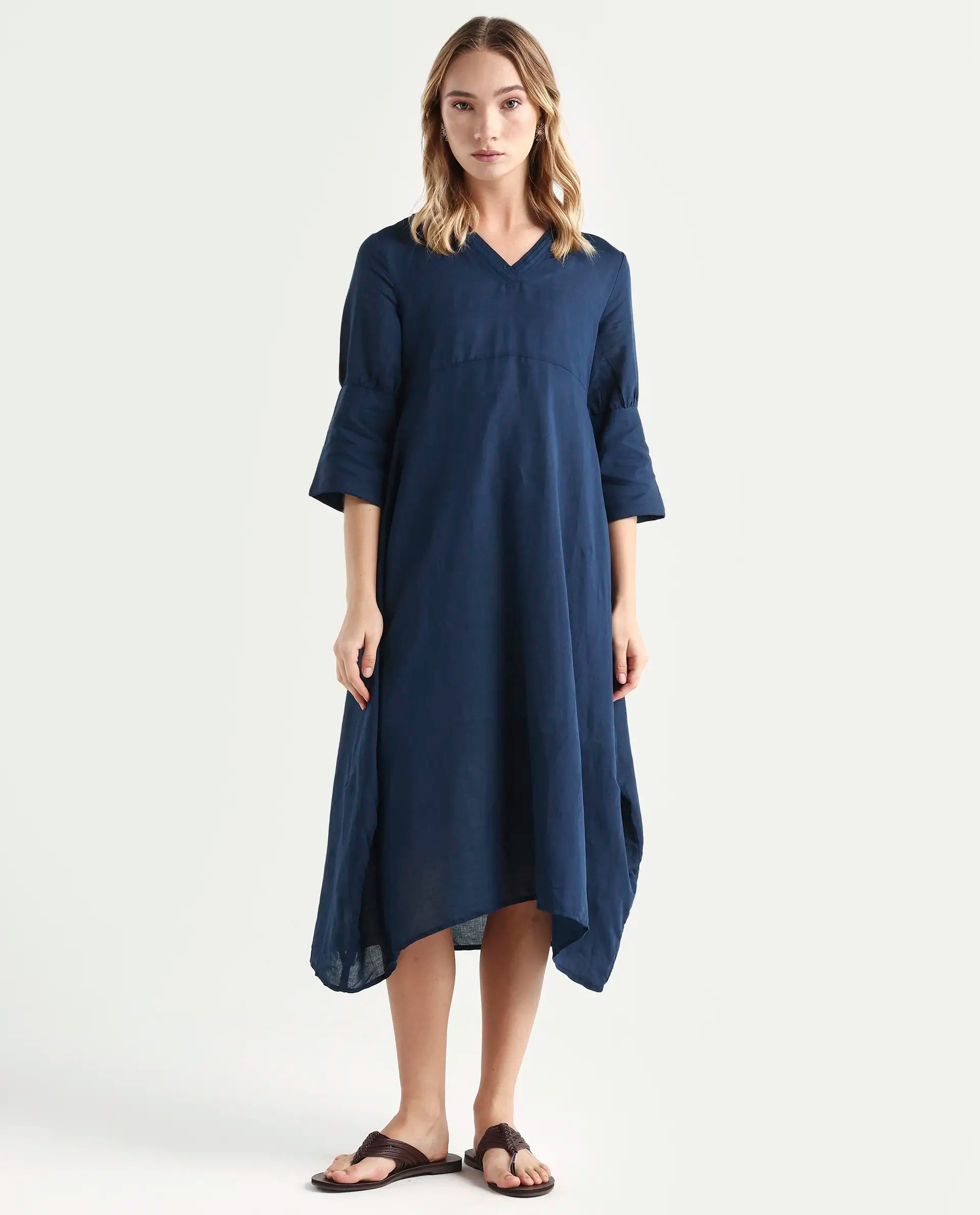 Rareism Women's Krick Navy Modal Blend V-Neck Plain Midi Relaxed Fit Dress