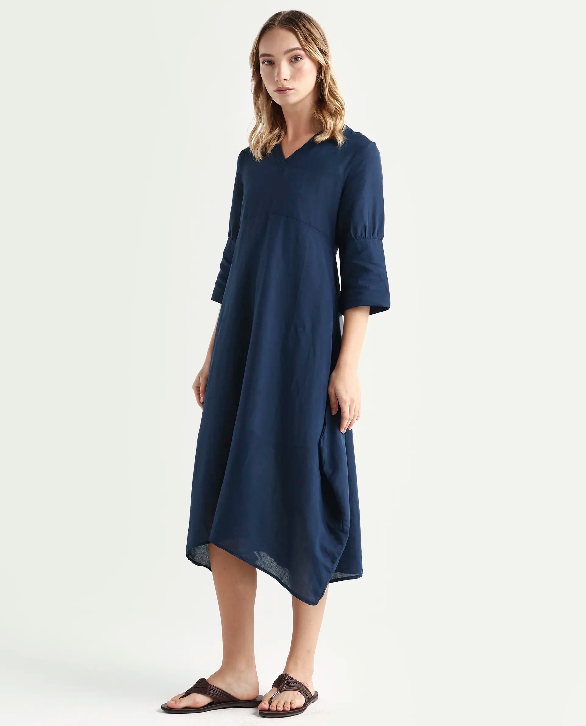 Rareism Women's Krick Navy Modal Blend V-Neck Plain Midi Relaxed Fit Dress