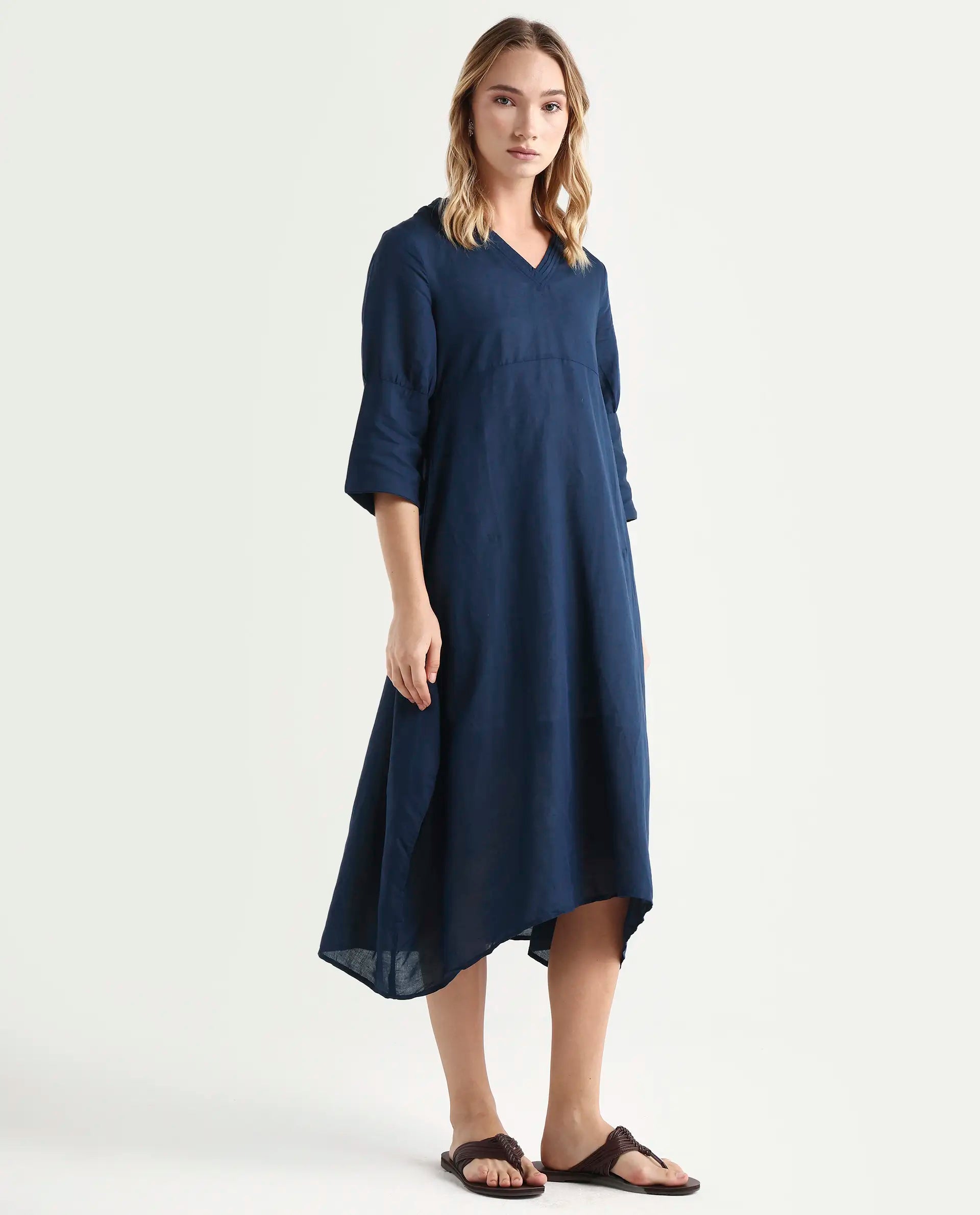 Rareism Women's Krick Navy Modal Blend V-Neck Plain Midi Relaxed Fit Dress