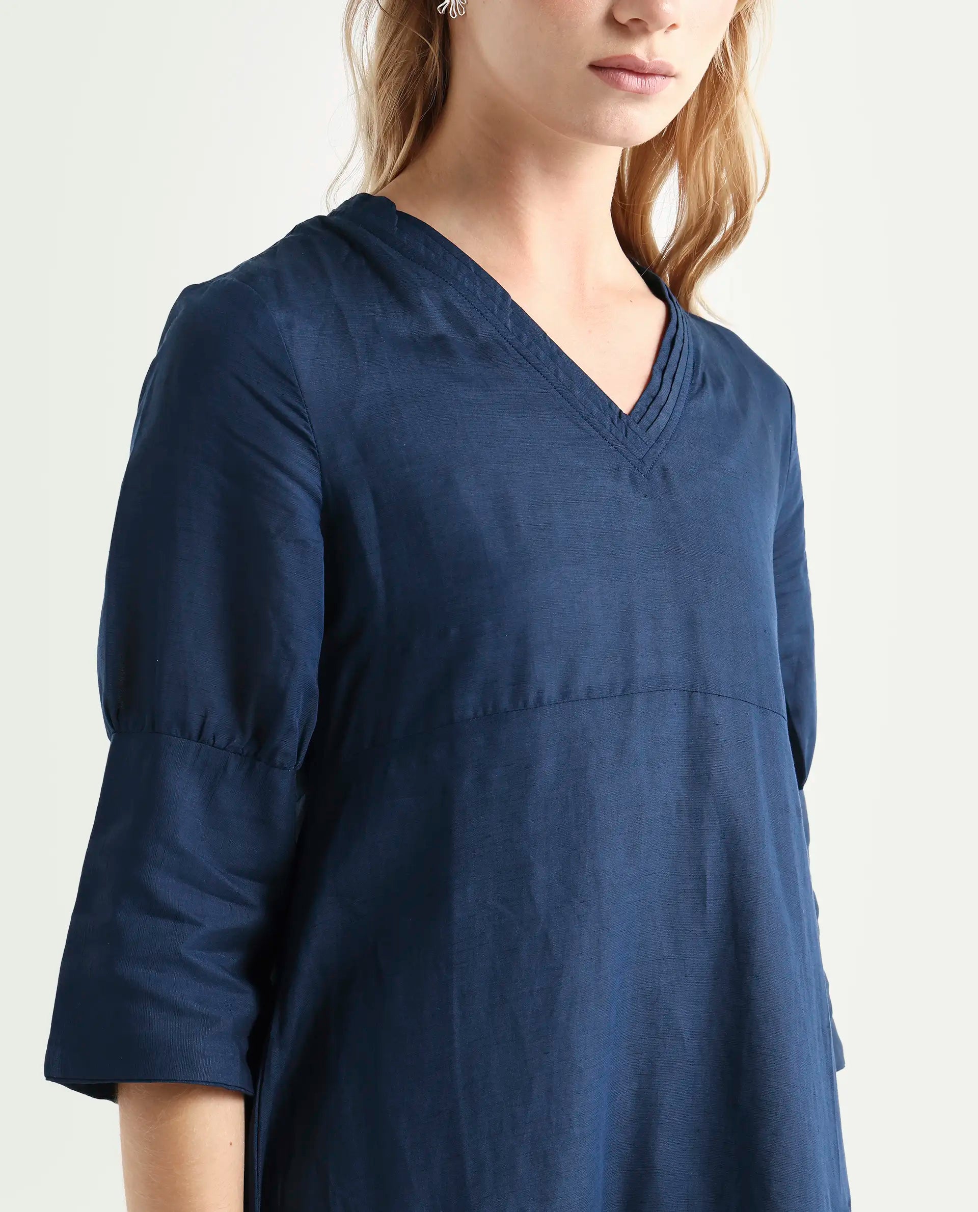 Rareism Women's Krick Navy Modal Blend V-Neck Plain Midi Relaxed Fit Dress