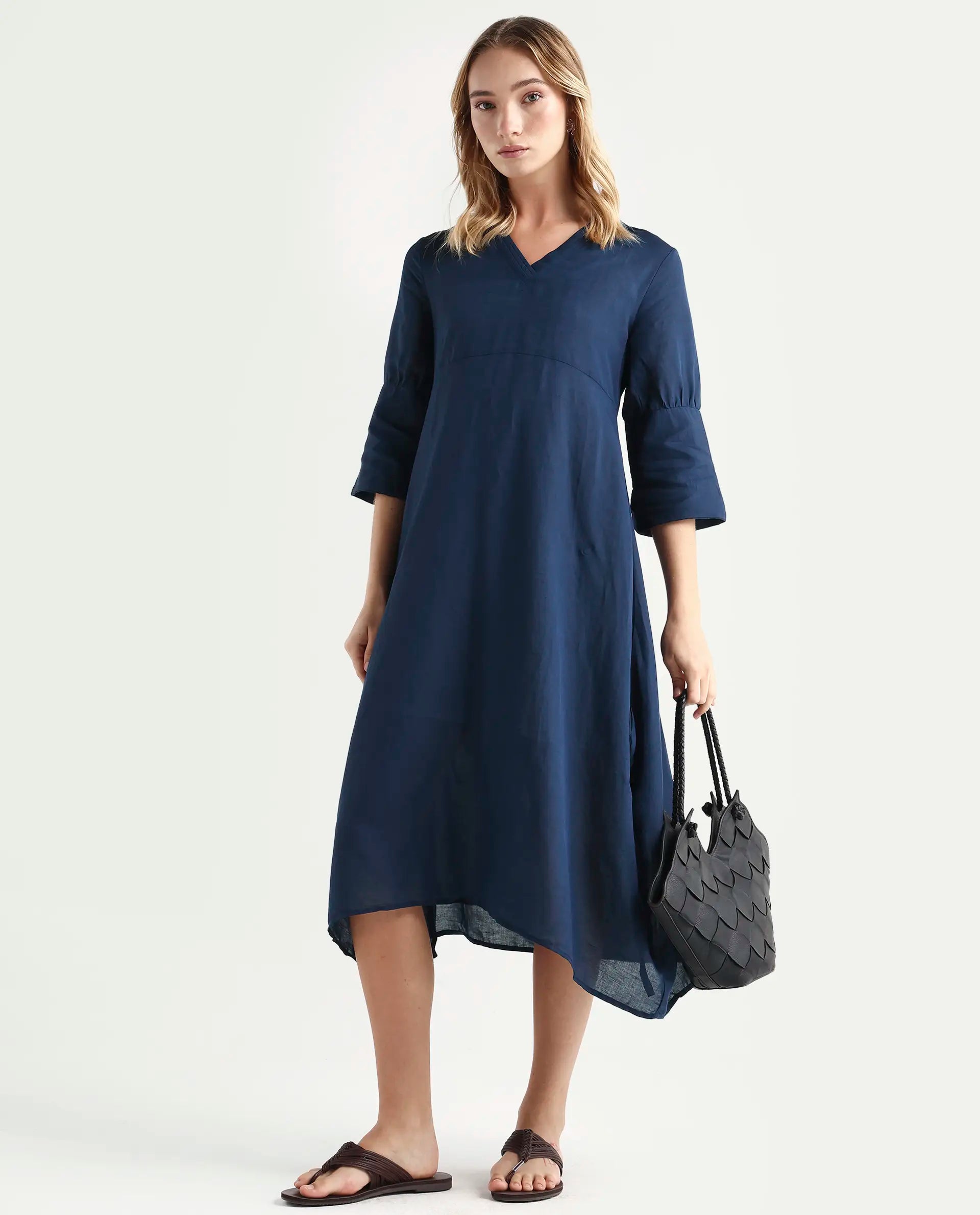 Rareism Women's Krick Navy Modal Blend V-Neck Plain Midi Relaxed Fit Dress