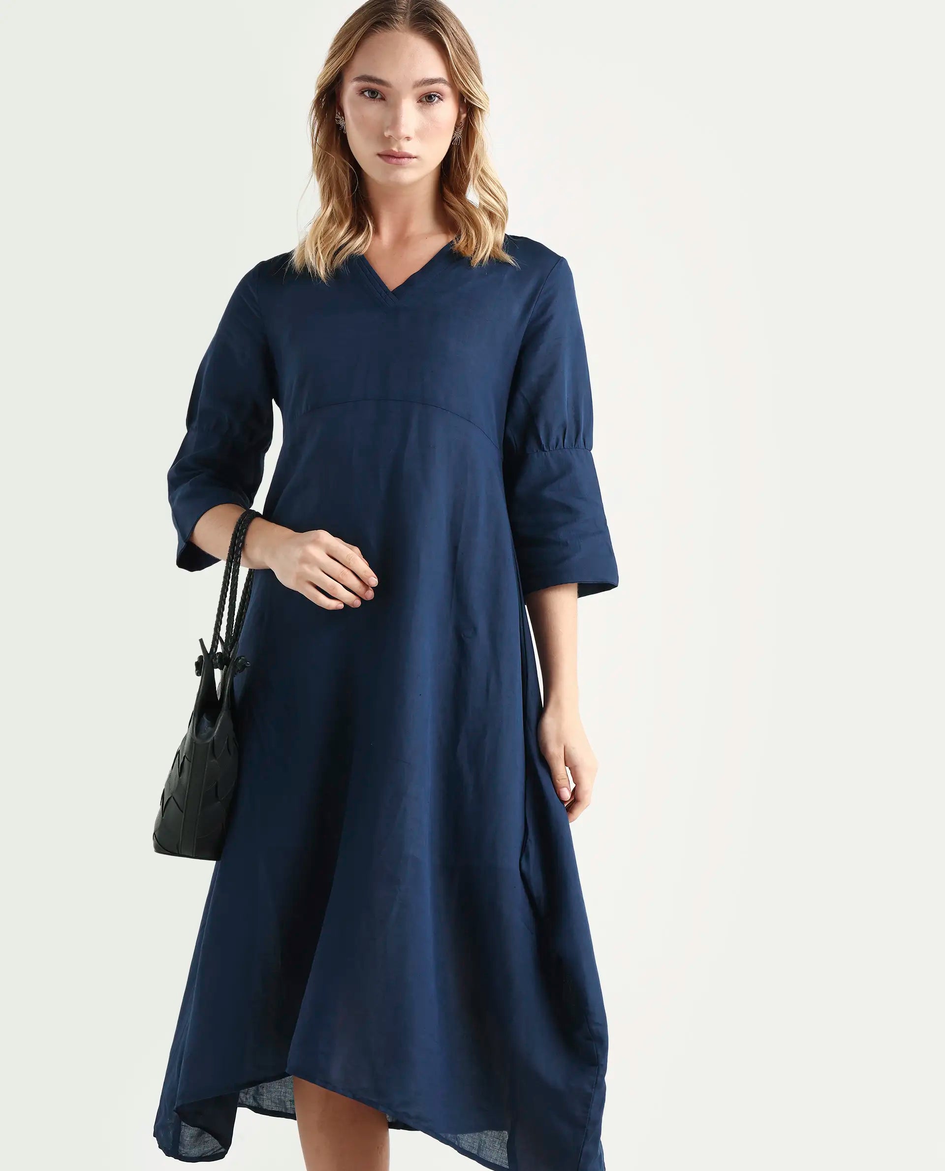Rareism Women's Krick Navy Modal Blend V-Neck Plain Midi Relaxed Fit Dress