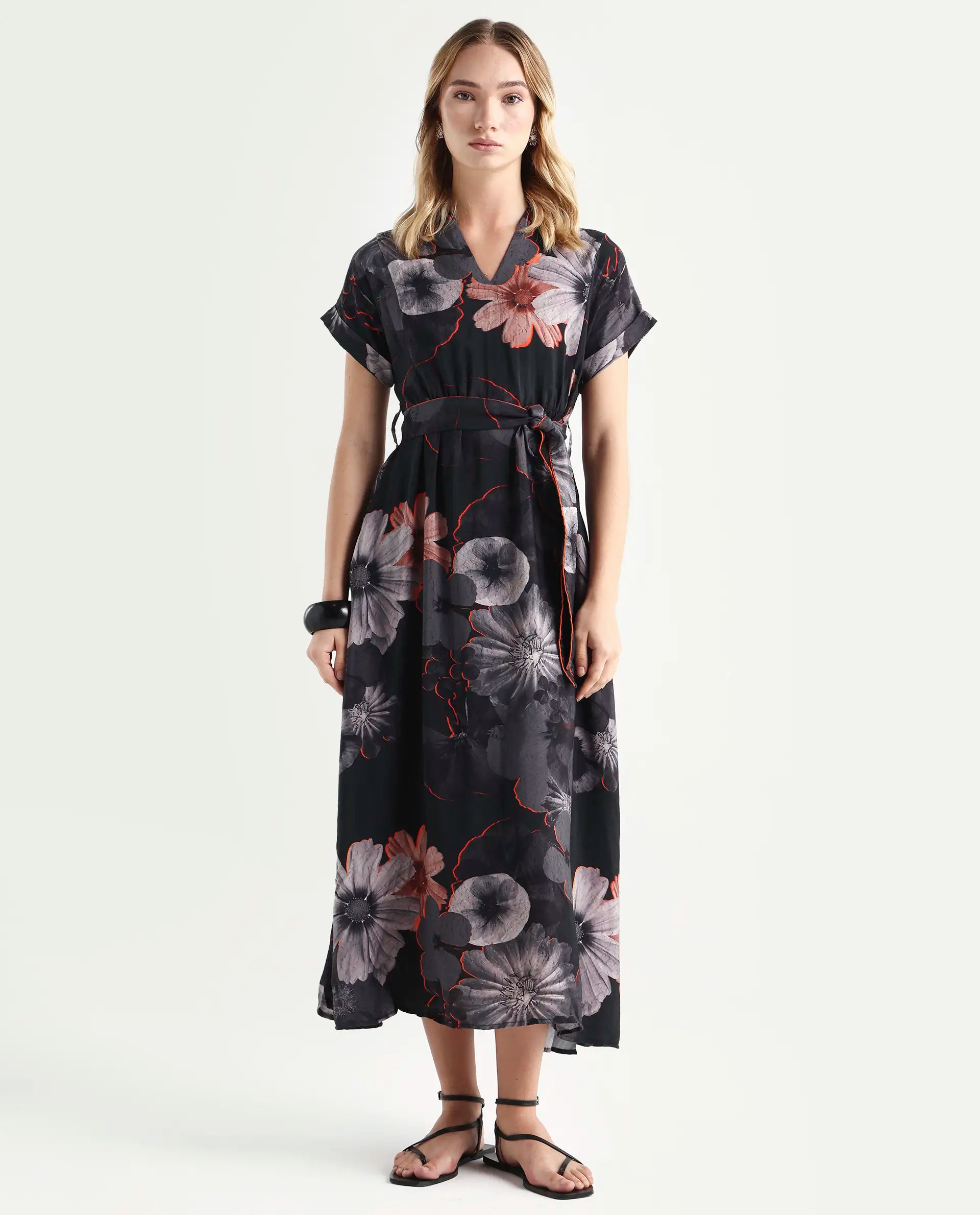 Rareism Women's Ringel Black Polyester Blend V-Neck Floral Print Extended Sleeves Maxi Regular Fit Dress