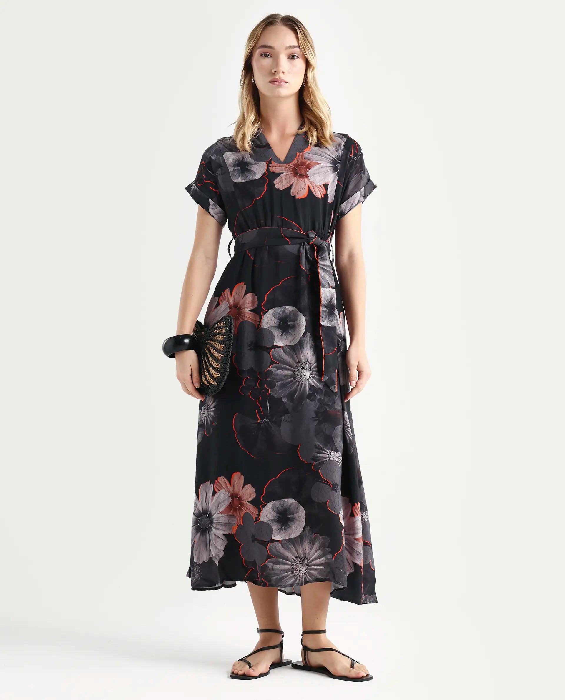 Rareism Women's Ringel Black Polyester Blend V-Neck Floral Print Extended Sleeves Maxi Regular Fit Dress